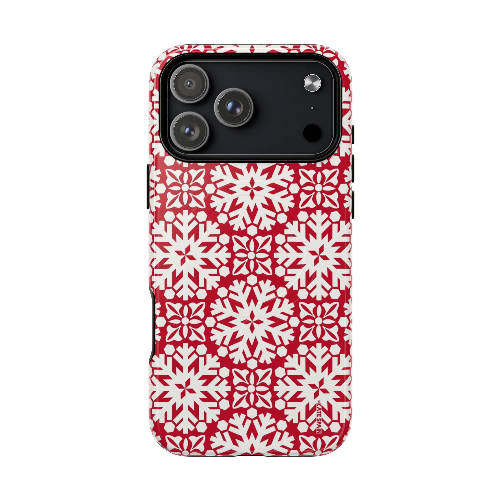 Flurry MagSafe iPhone 17 Pro Max Case – Glossy | red and cream geometric snowflake tile print