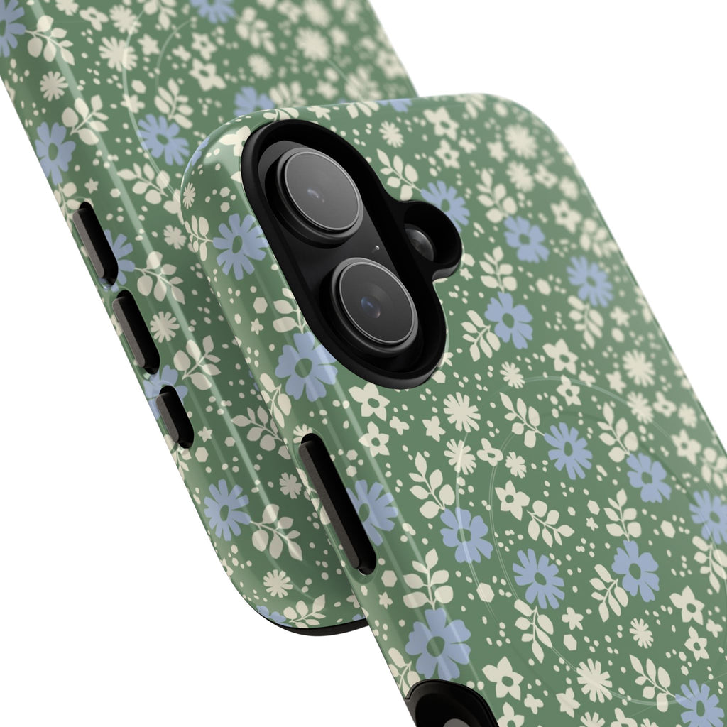 Petaline Green MagSafe iPhone 16 Pro Max Case – Glossy | cream and periwinkle blue ditsy floral print on a sage green ground | angled view closeup of camera cutout and buttons