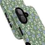 Petaline Green MagSafe iPhone 16 Pro Max Case – Glossy | cream and periwinkle blue ditsy floral print on a sage green ground | angled view closeup of camera cutout and buttons