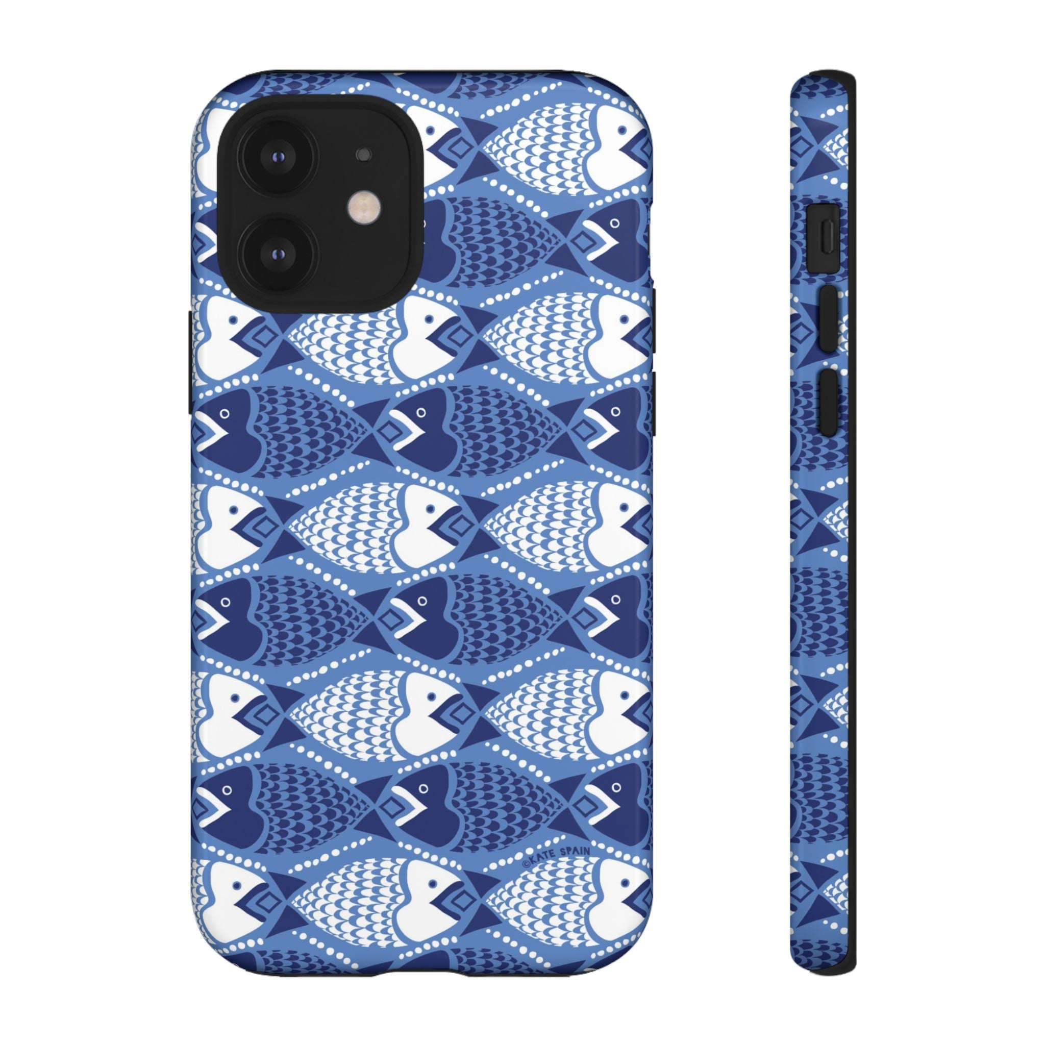 Catch of the Day Tough iPhone 12 Case – Glossy | navy, blue, white geometric fish print