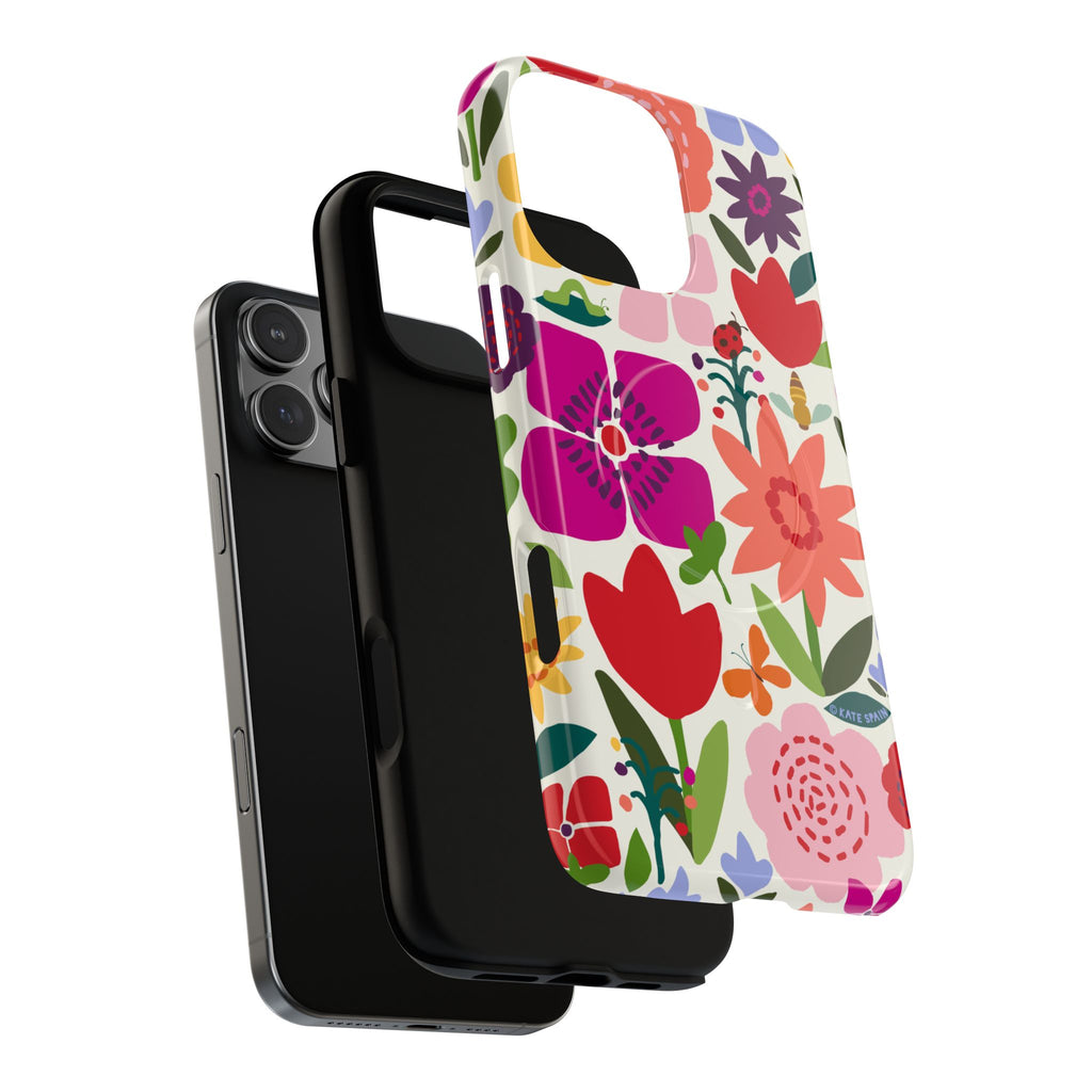 Happy Blooms MagSafe iPhone 16 Pro Max Case – Dual-layered view of case and inner lining in front of phone, with view of camera cutout and buttons | cream, red, magenta, coral botanical floral print