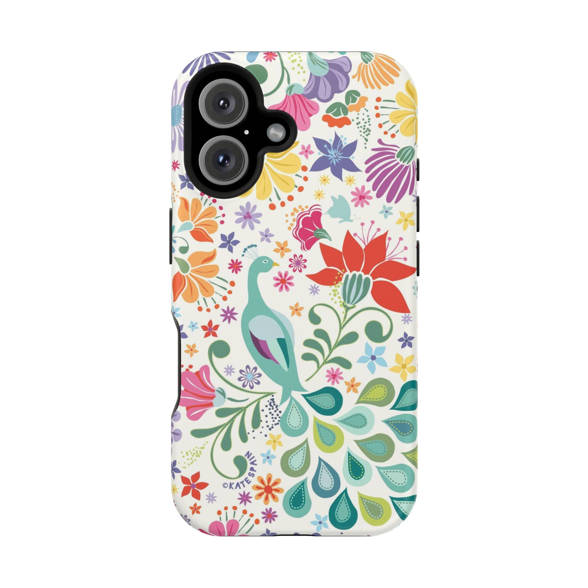 Peacock Sanctuary MagSafe iPhone 16 Case – Matte | ivory, teal, navy peacock botanical print MagSafe compatible, dual-layer protection