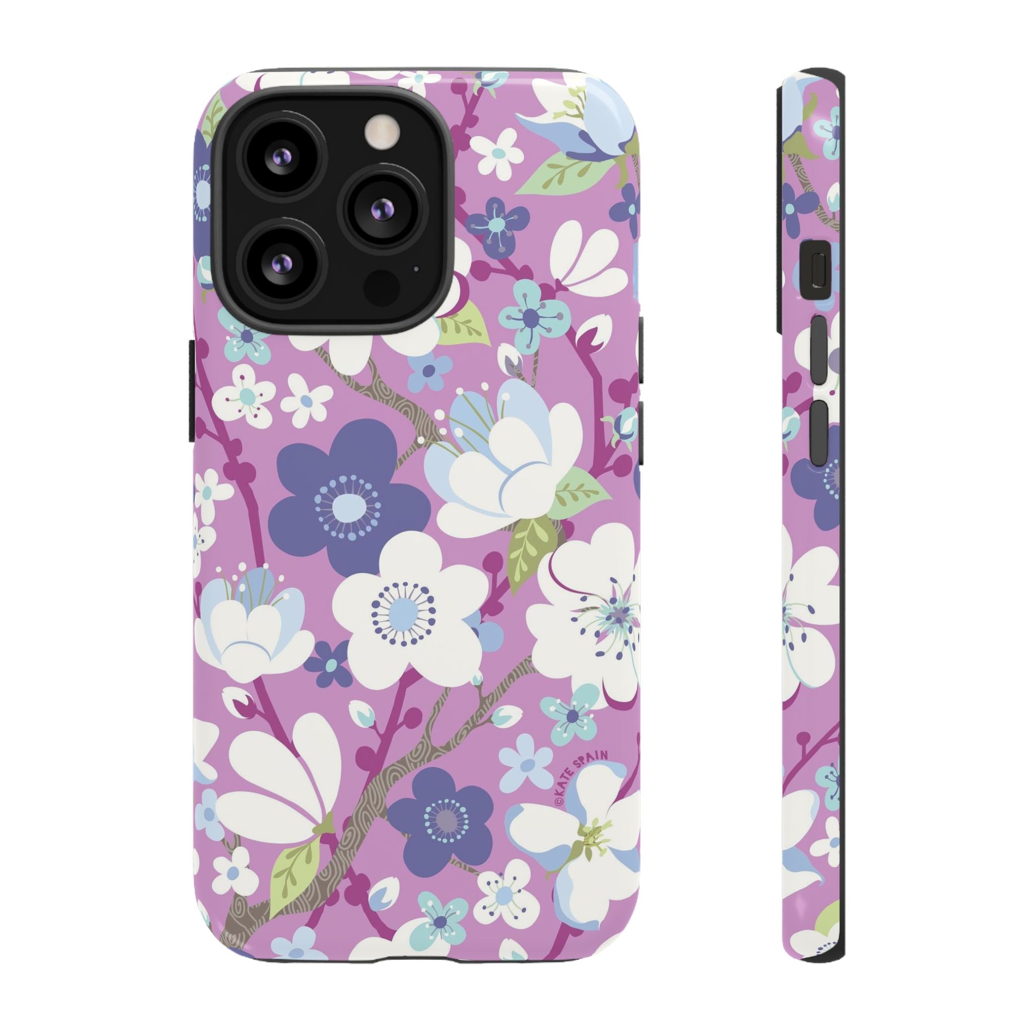 Luxury Cherry Blossom Tough iPhone 13 Pro Case – Glossy | mauve, purple, blue, white cherry blossom print