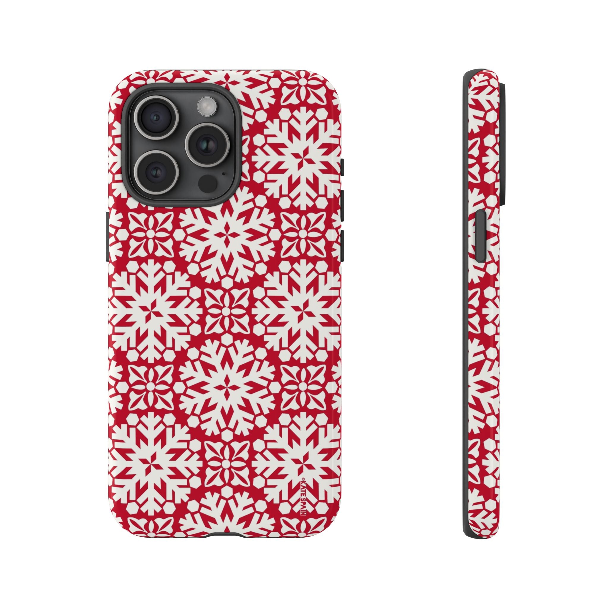 Flurry Tough iPhone 15 Pro Max Case – Glossy | red, cream geometric snowflake medallion print