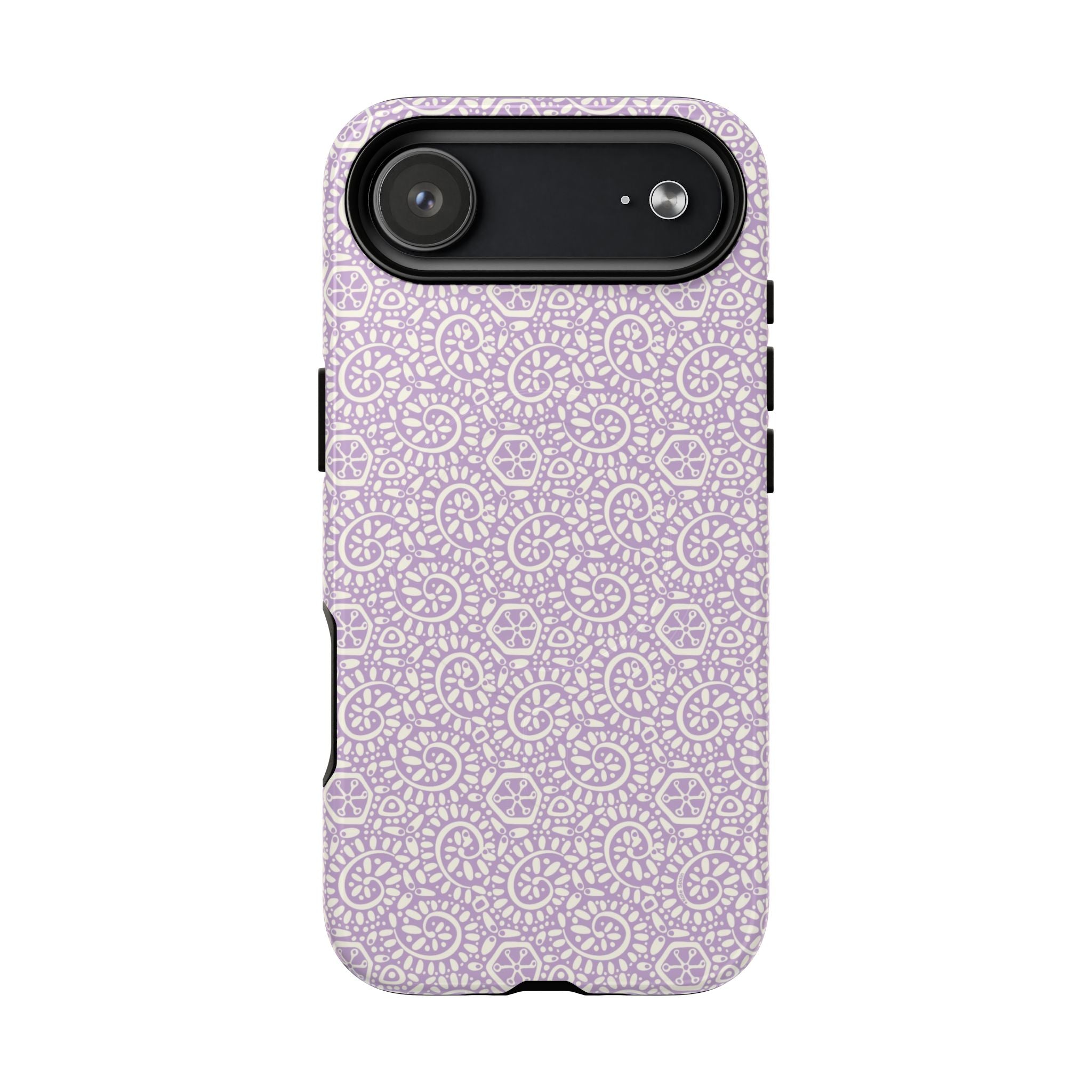 Canto Swirls Lavender MagSafe iPhone 17 Air Glossy Case — lavender hard case covered in an intricate folk-art medallion pattern of radiating circular motifs, dot clusters, and geometric centers