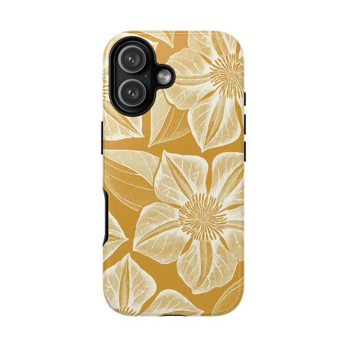 Vintage Bloom Gold iPhone 17 case – Glossy | gold ground, large-scale cream clematis print, engraved petal detail, dual-layer protection