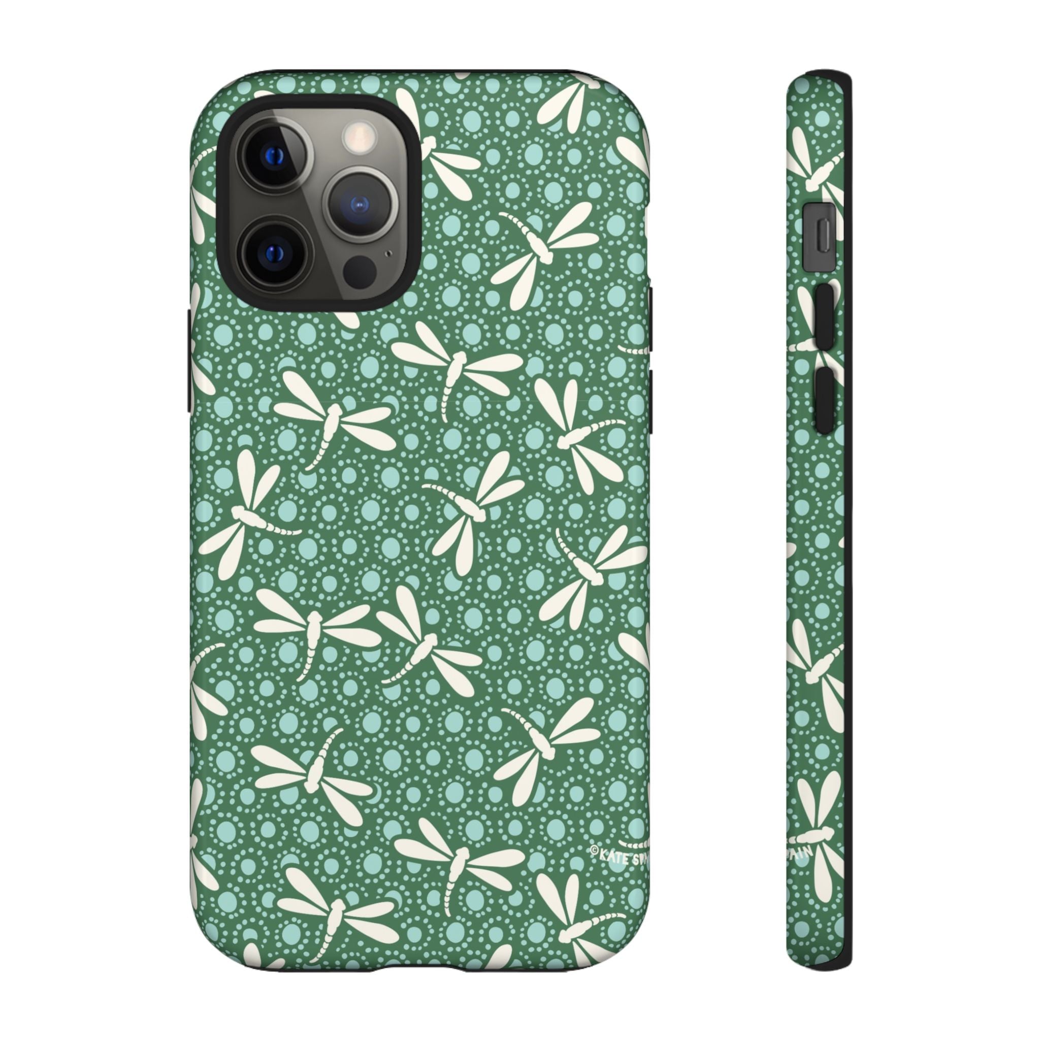 Designer Dragonfly Tough iPhone 12 Pro Case – Glossy | jade green, aqua, cream dragonfly print