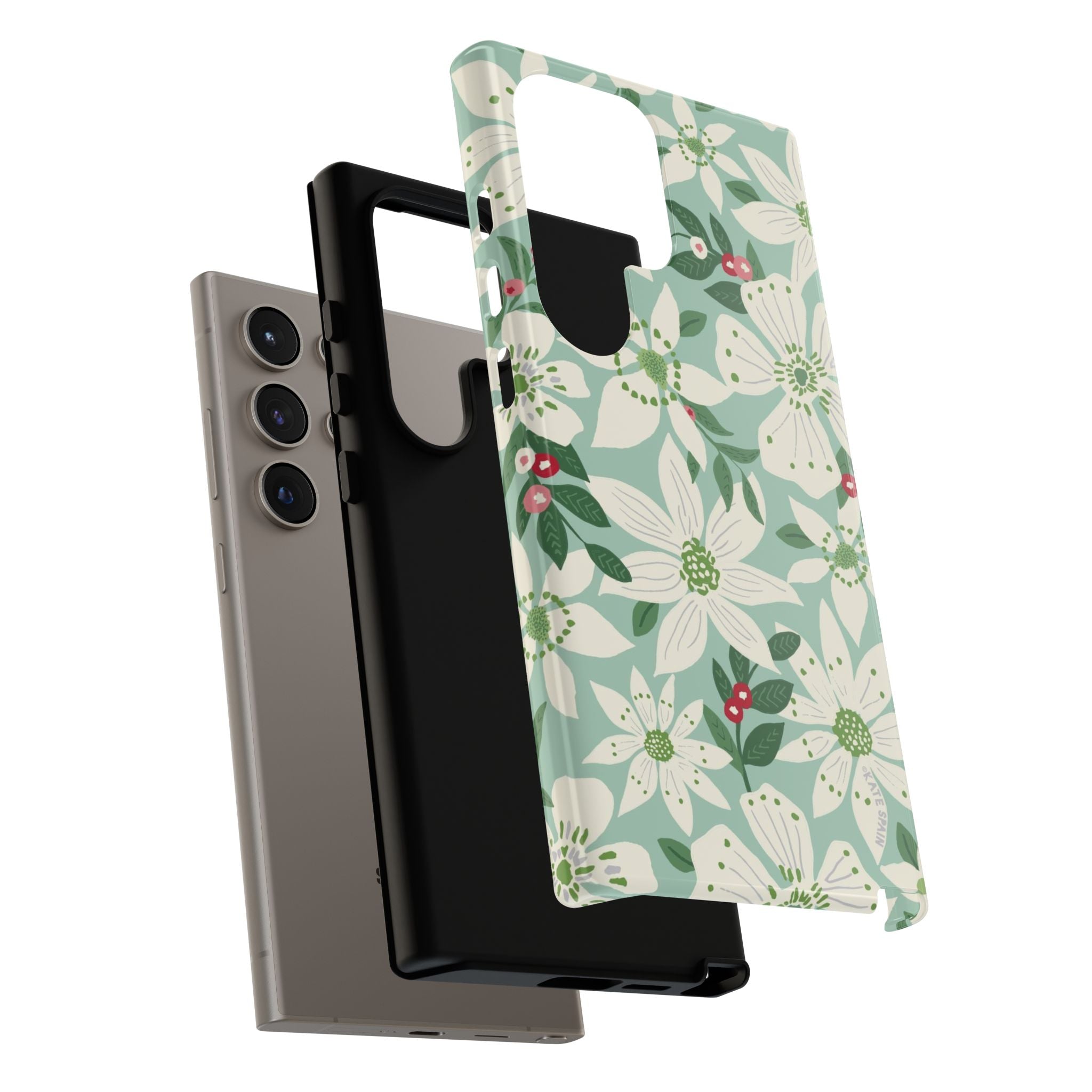Gardenia Samsung Galaxy S24 Ultra Case – detail view of layered construction of case | white, cream, green gardenia botanical print