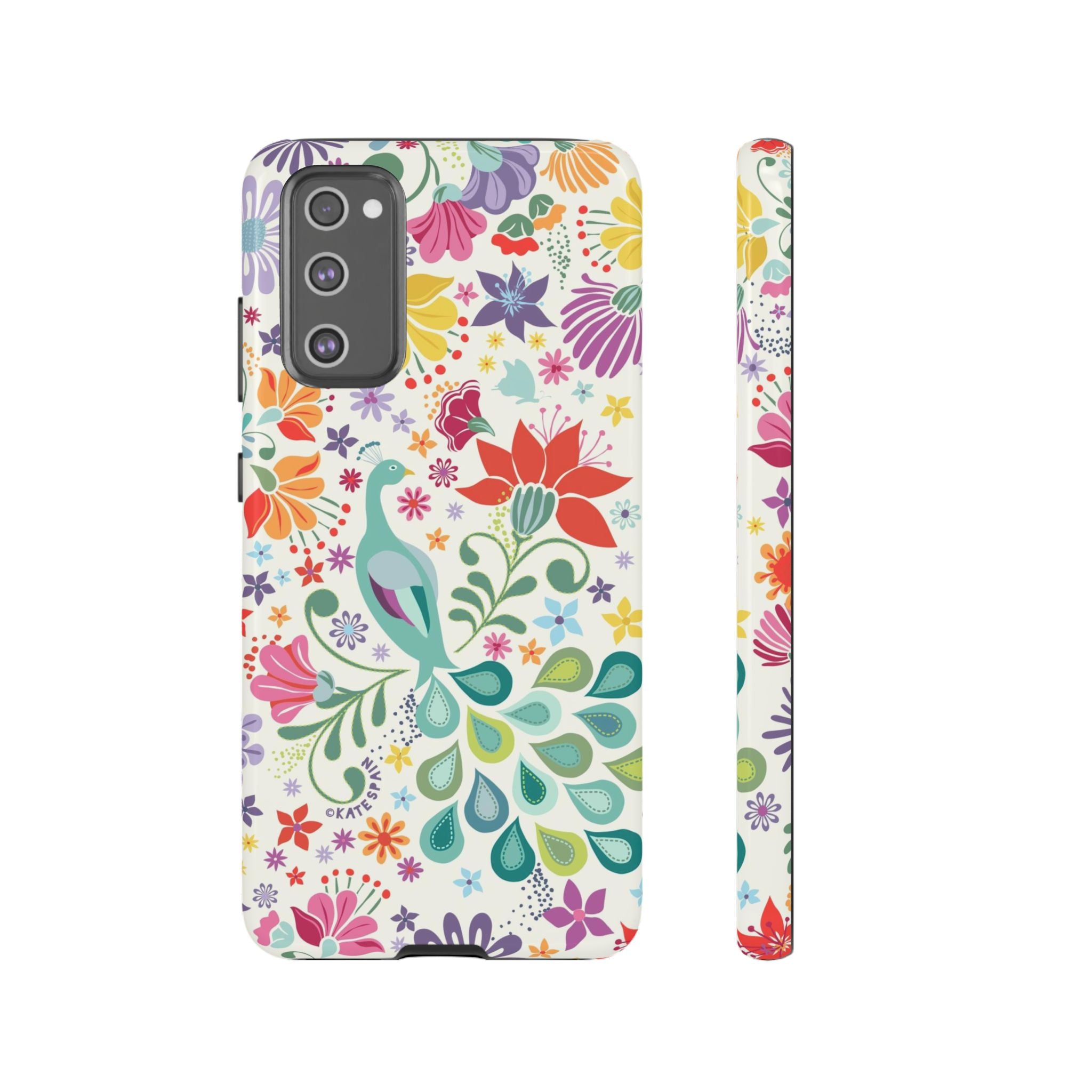 Luxury Peacock Sanctuary Samsung Galaxy S20 FE Case – Glossy | white, teal, coral multicolor vibrant peacock feather botanical print