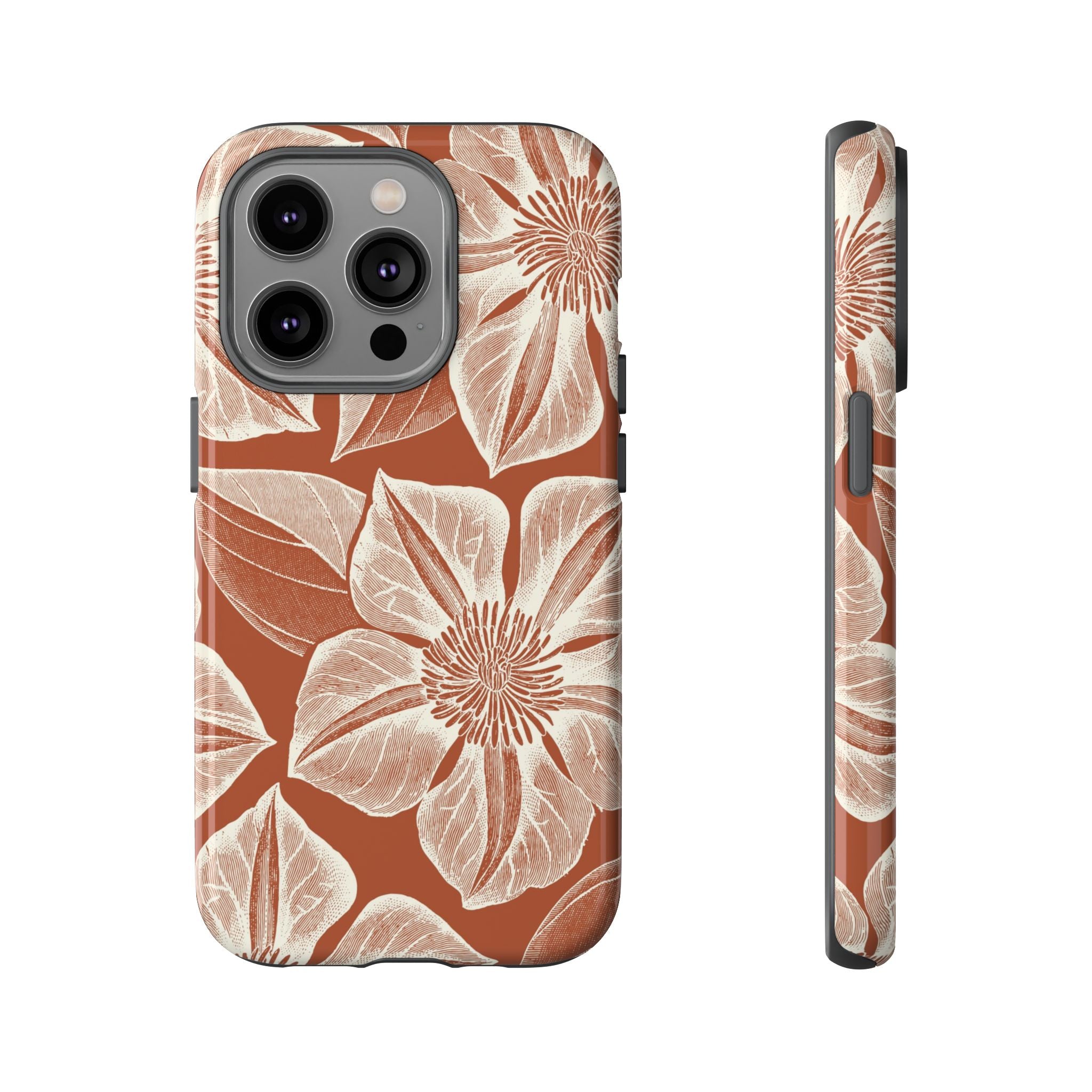Vintage Bloom Sienna iPhone 14 Pro case – Glossy | sienna ground, large-scale cream clematis print, engraved petal detail, dual-layer protection
