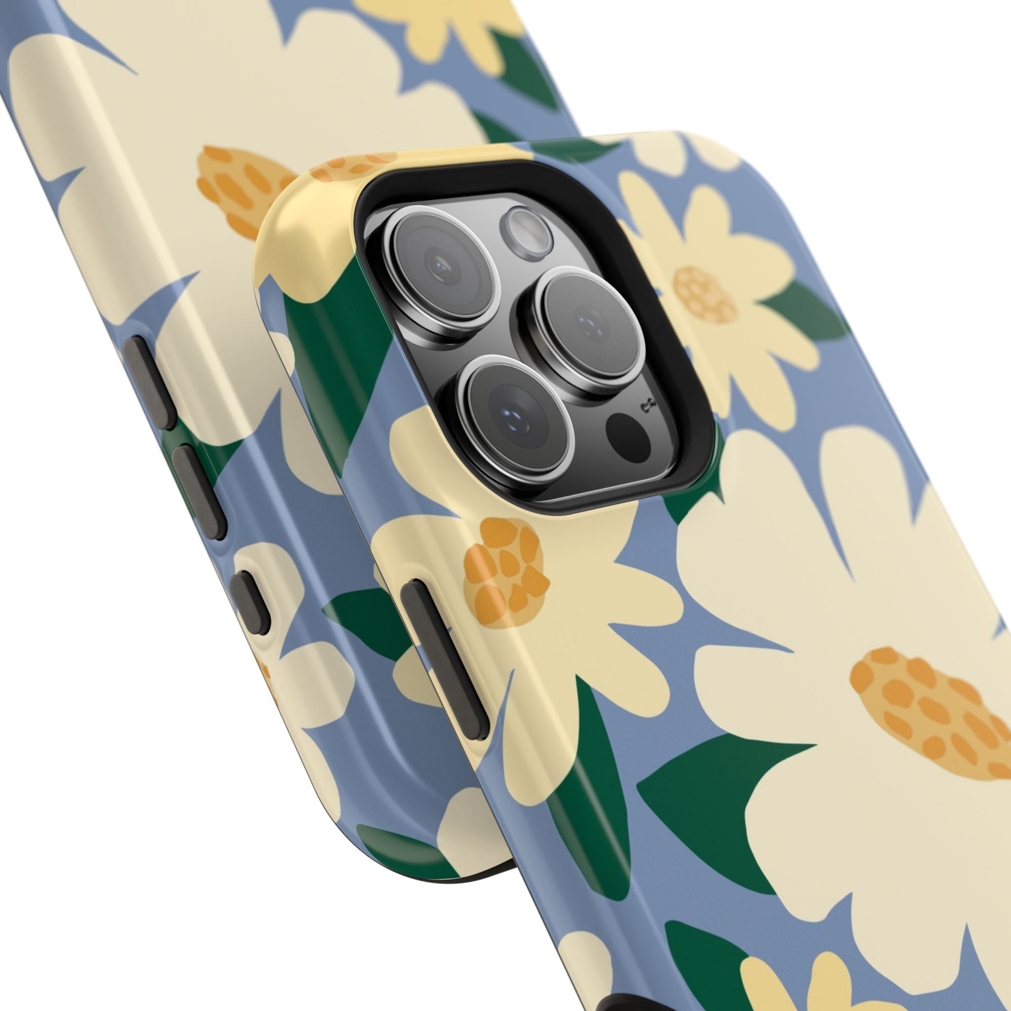 Chamomile MagSafe iPhone 16 Pro Max Case – Glossy angled view closeup of camera cutout and buttons | periwinkle, cream, yellow botanical daisy floral print MagSafe compatible, dual-layer protection