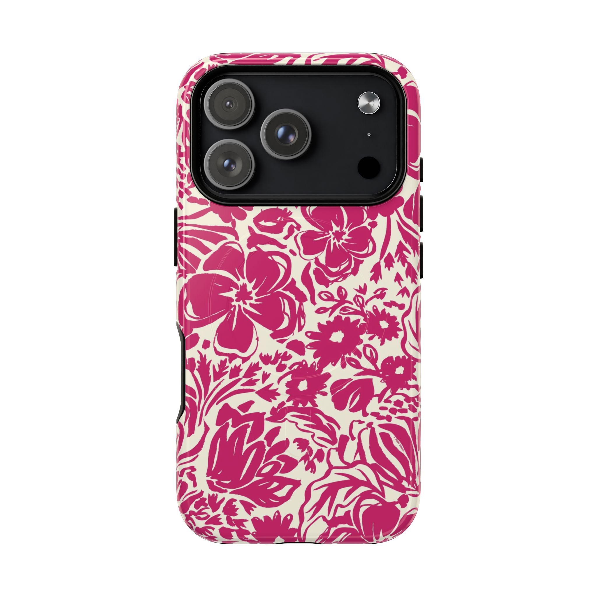 Rhapsody Bright Pink MagSafe iPhone 17 Pro Glossy case — bold magenta floral print on cream by Kate Spain