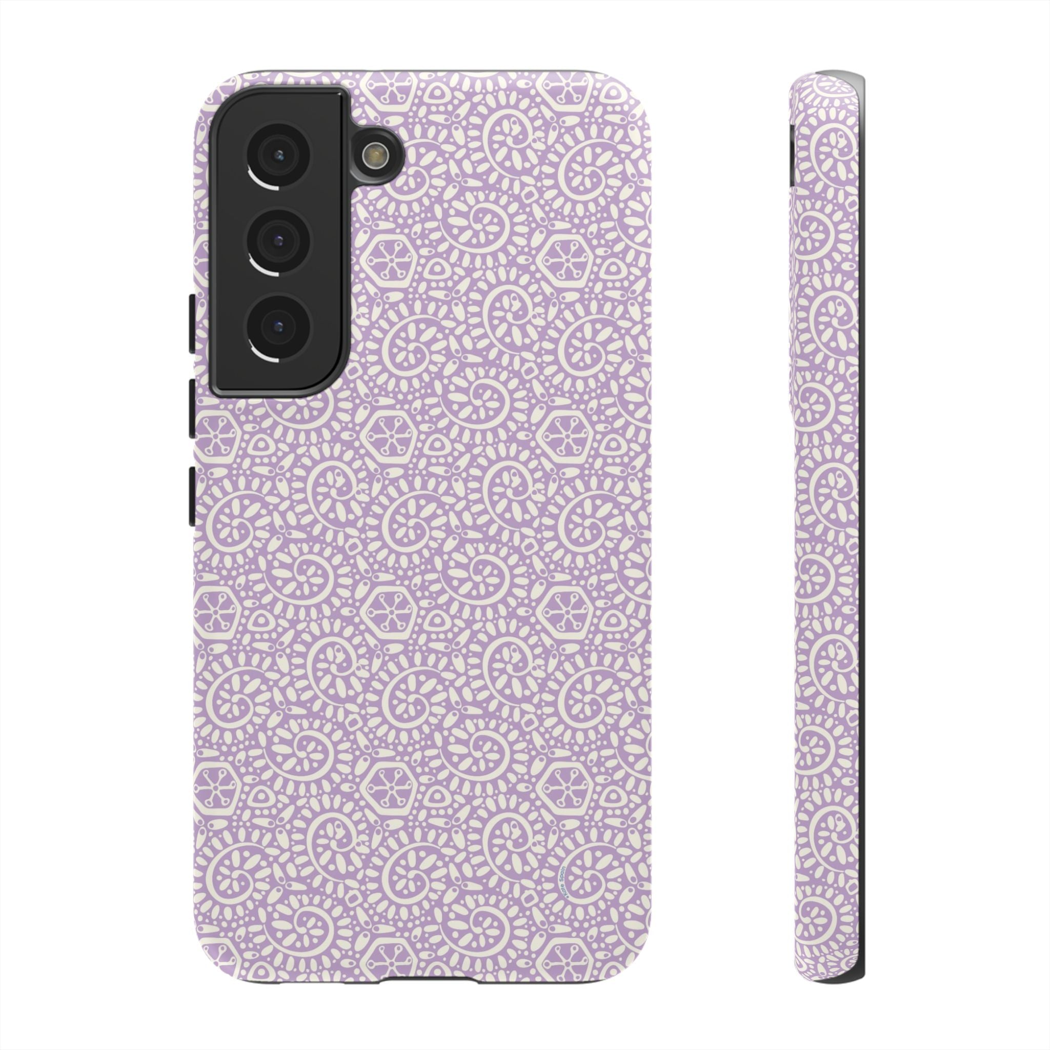 Canto Swirls Lavender Samsung Galaxy S22 Matte Case — lavender hard case covered in an intricate folk-art medallion pattern of radiating circular motifs, dot clusters, and geometric centers