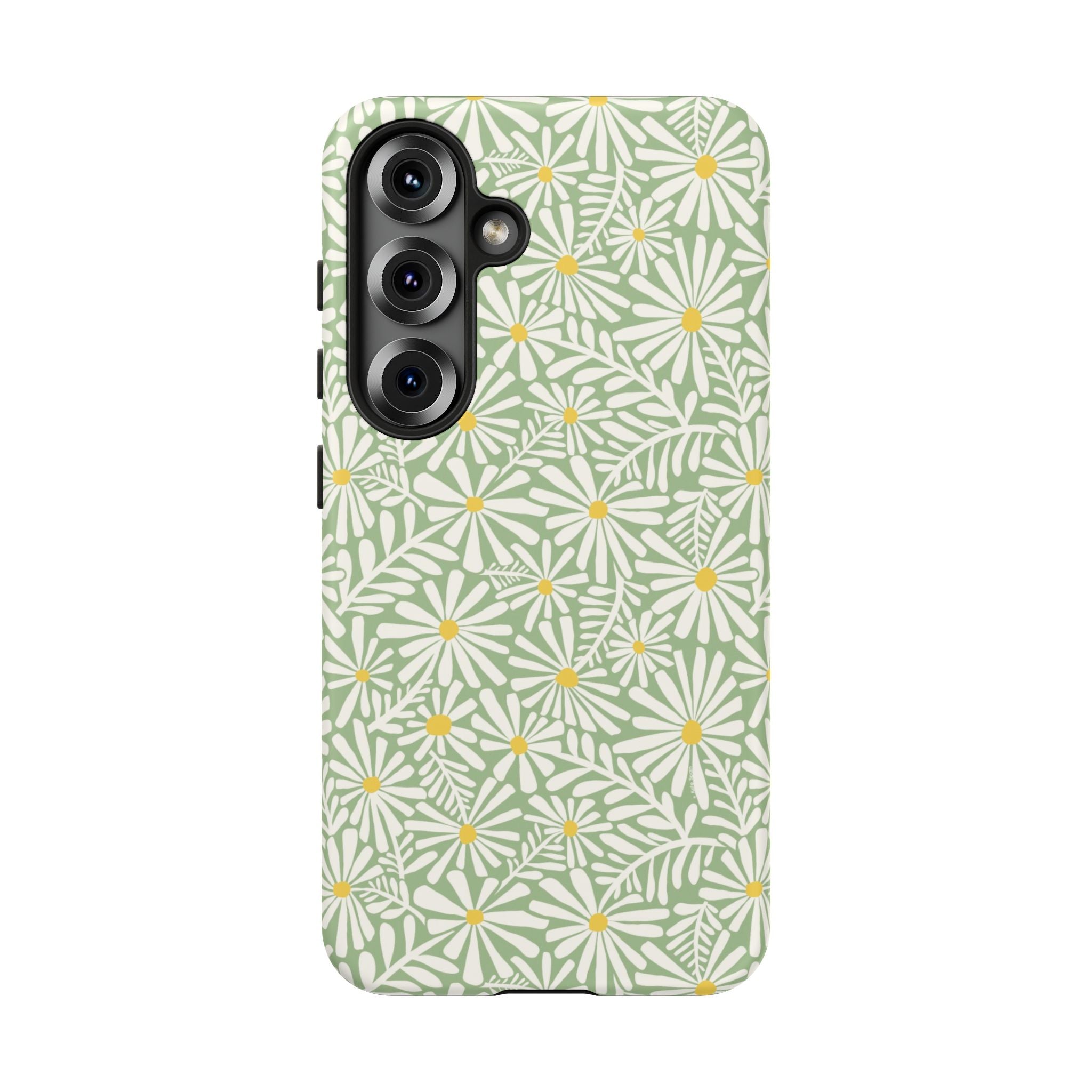 Montauk Daisy Meadow Green Samsung Galaxy S25 Matte case — white daisy and fern print on sage green by Kate Spain