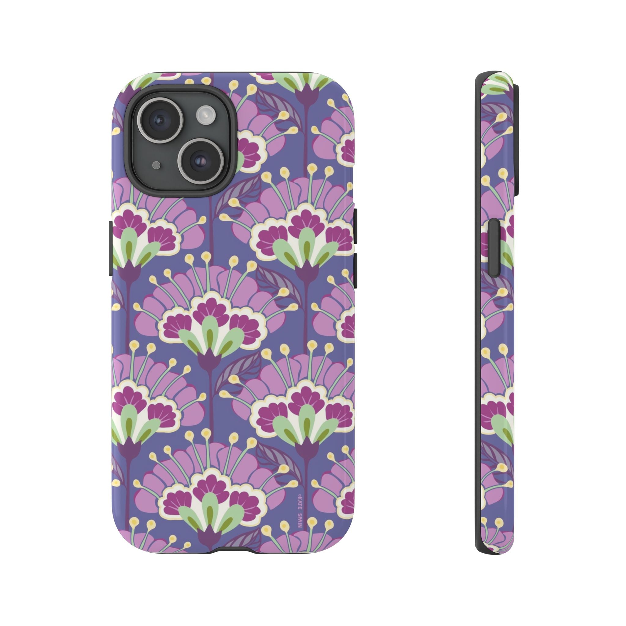 Lantern Flower Tough iPhone 15 Case – Glossy | periwinkle, purple, mauve, sage botanical lantern floral print