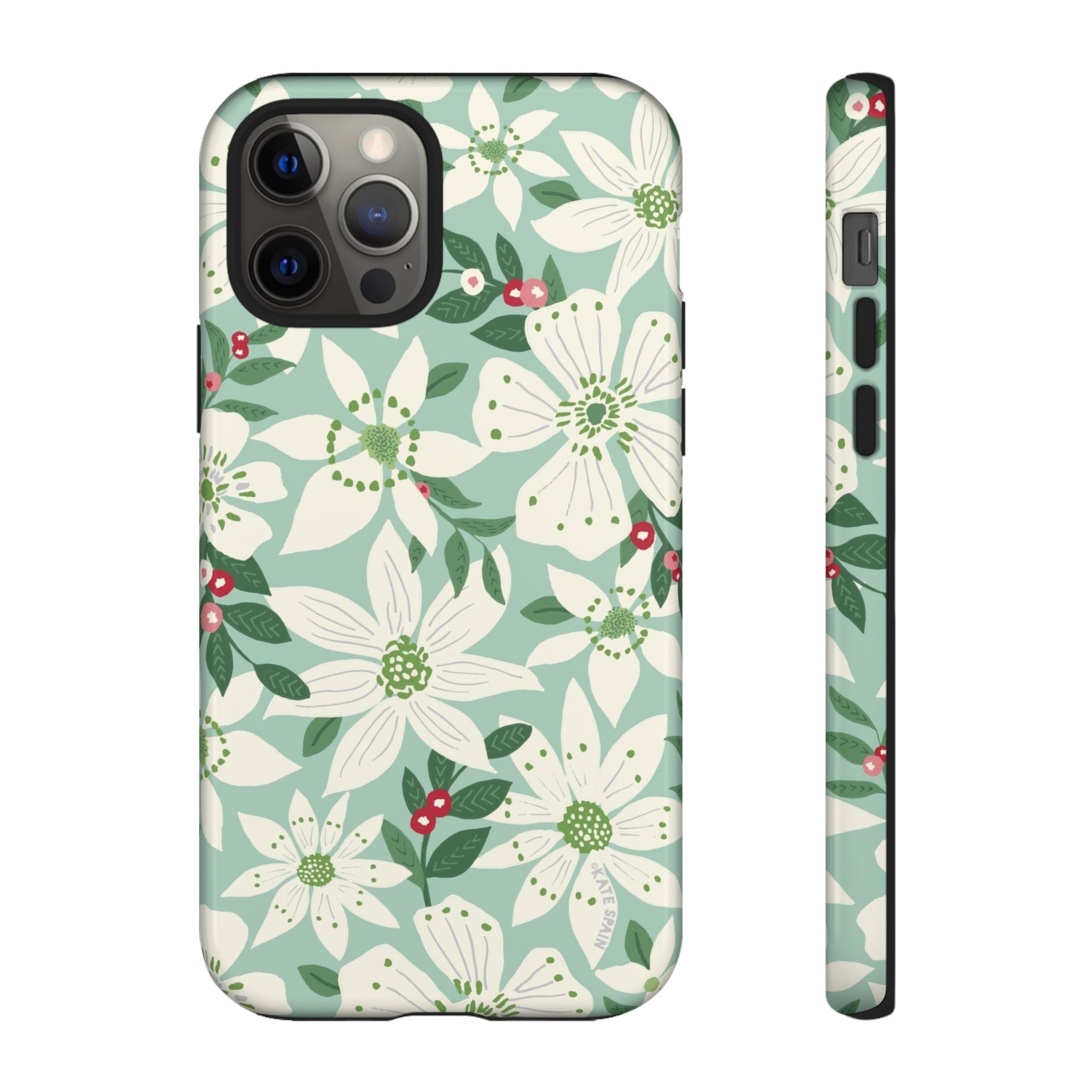 Gardenia Tough iPhone 12 Pro Case – Glossy | light blue, white, green, red gardenia botanical print