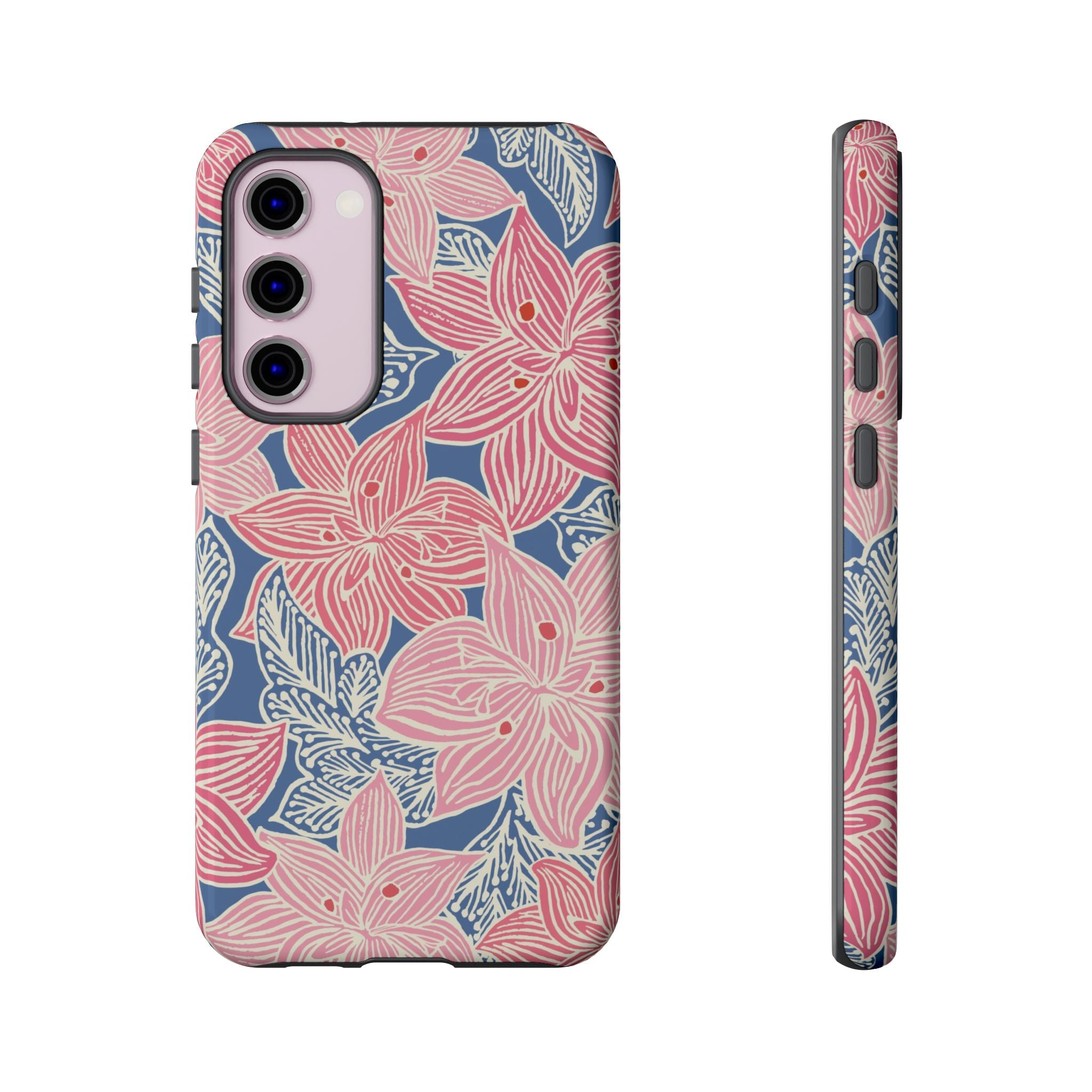 Hibiscus Lagoon Samsung Galaxy S23 Plus Case – Glossy | coral, blush, cream, dusty blue hibiscus botanical print