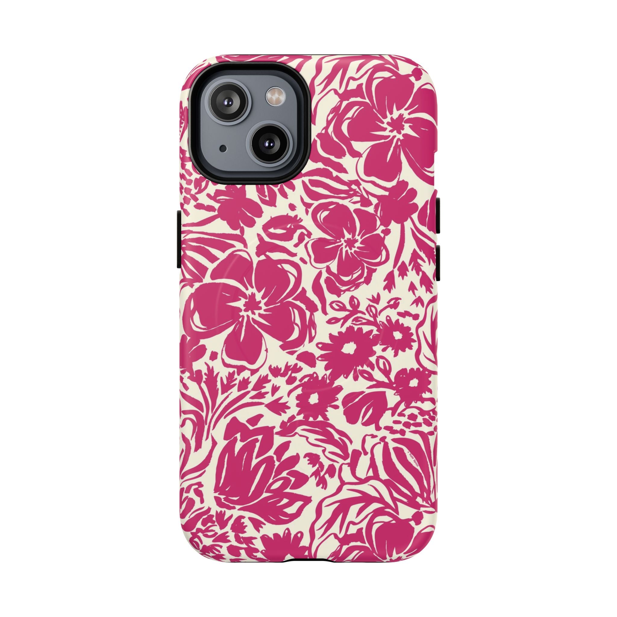 Rhapsody Bright Pink MagSafe iPhone 14 Matte case — bold magenta floral print on cream by Kate Spain