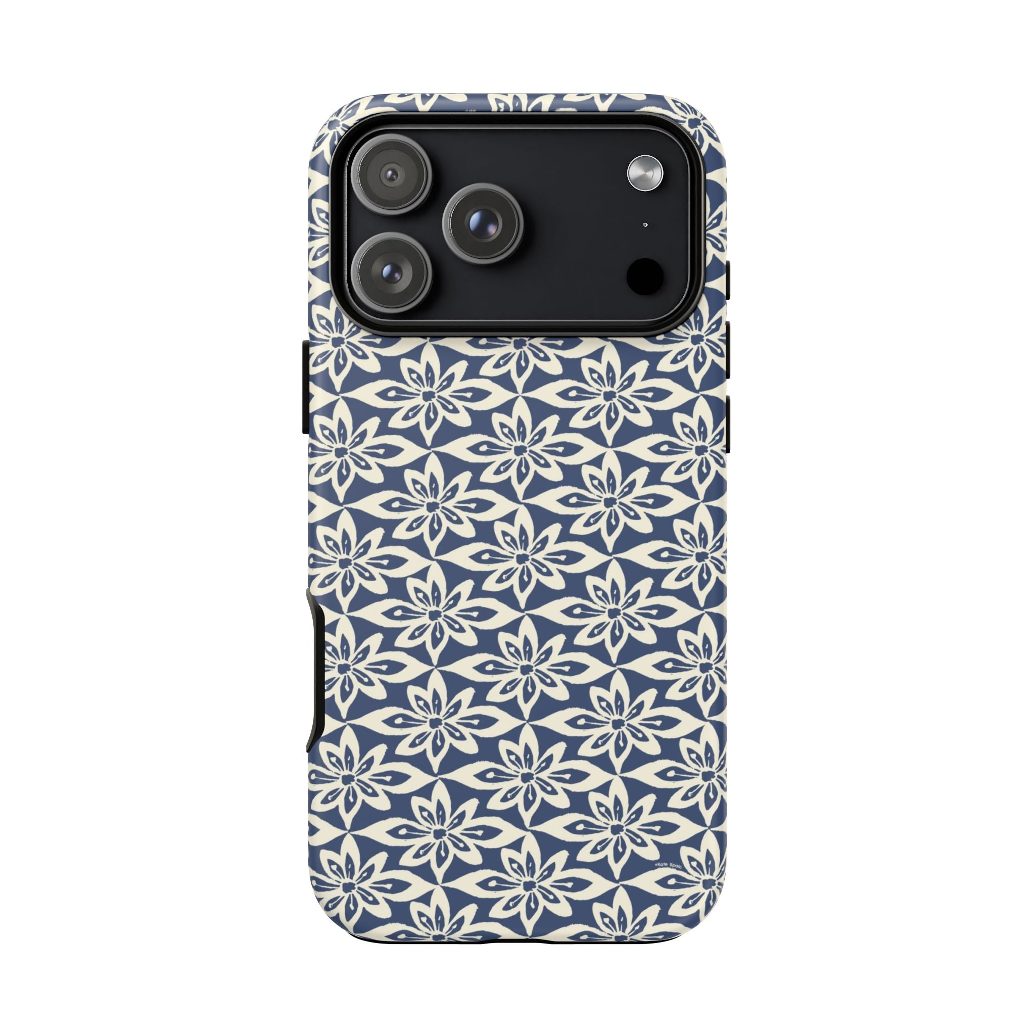 Lily Navy Blue iPhone 17 Pro Matte case — geometric cream lily print on navy blue by Kate Spain
