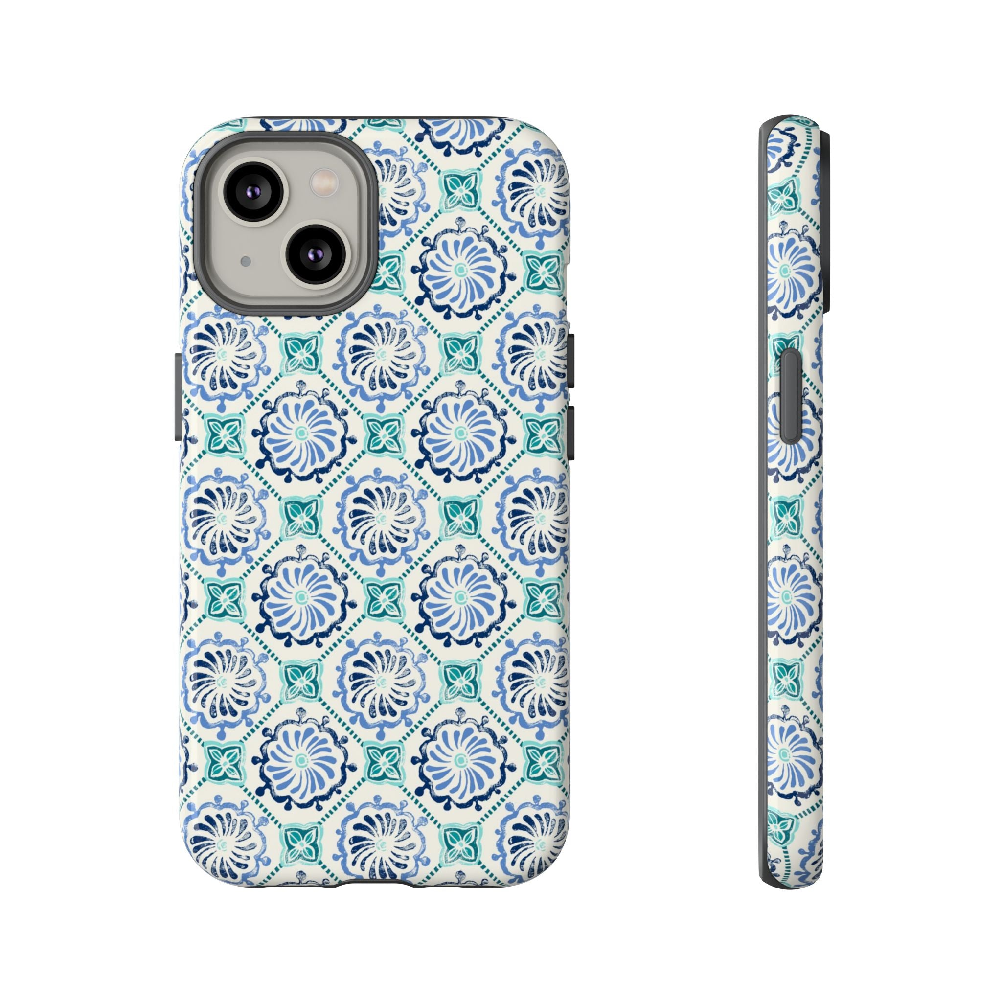 Horizon Blue Tile Tough iPhone 14 Case – Glossy | blue, turquoise, cream white dual-layer protection