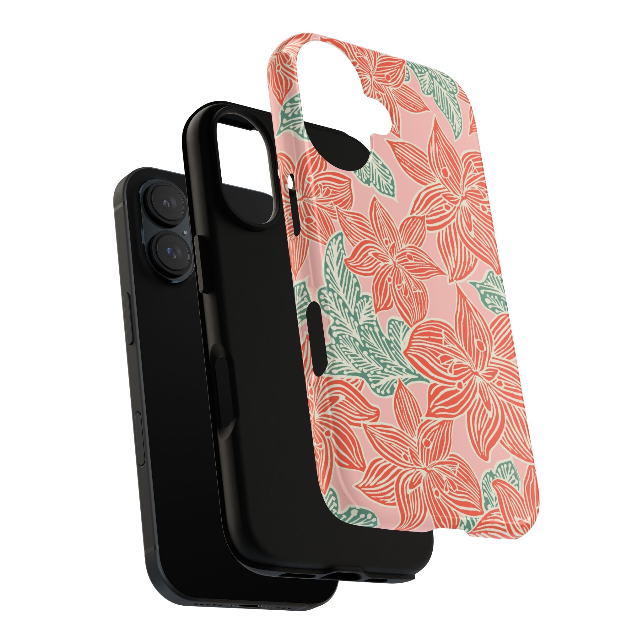 Hibiscus Coral iPhone 17 Glossy Case — dual-layer construction detail showing protective inner and outer layers; blush pink botanical hibiscus print