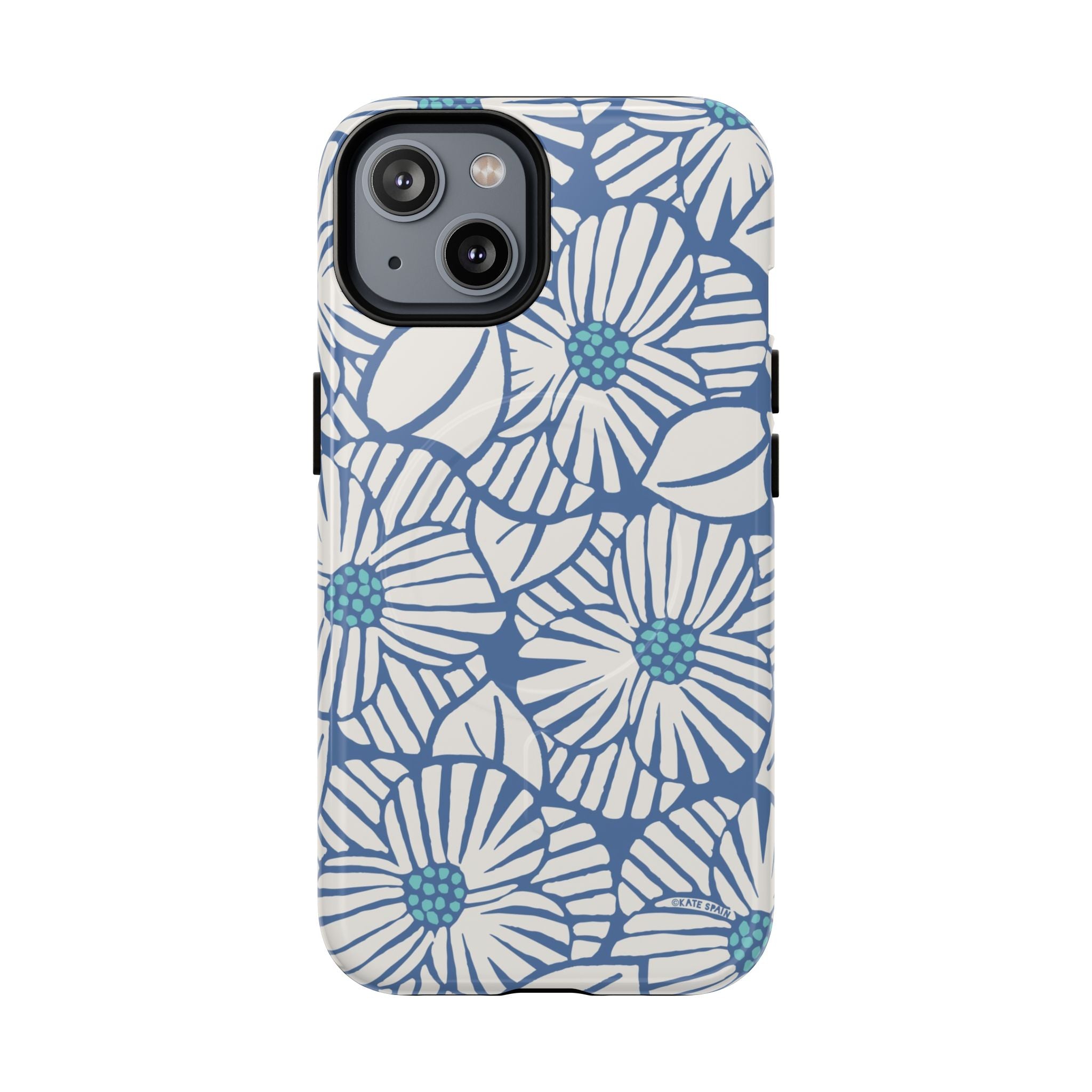 Calendula MagSafe iPhone 14 Case – Glossy | periwinkle, cream, teal graphic daisy floral print