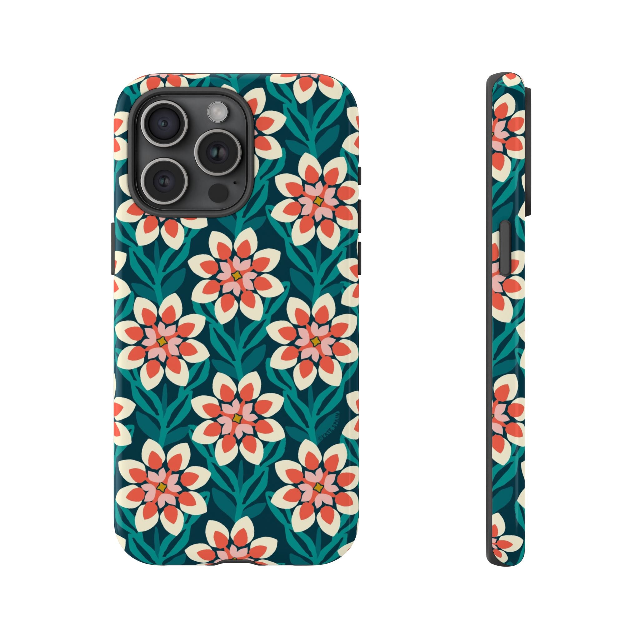 Modern Dahlia Tough iPhone 15 Pro Max Case – Glossy | teal, coral, cream geometric dahlia floral print
