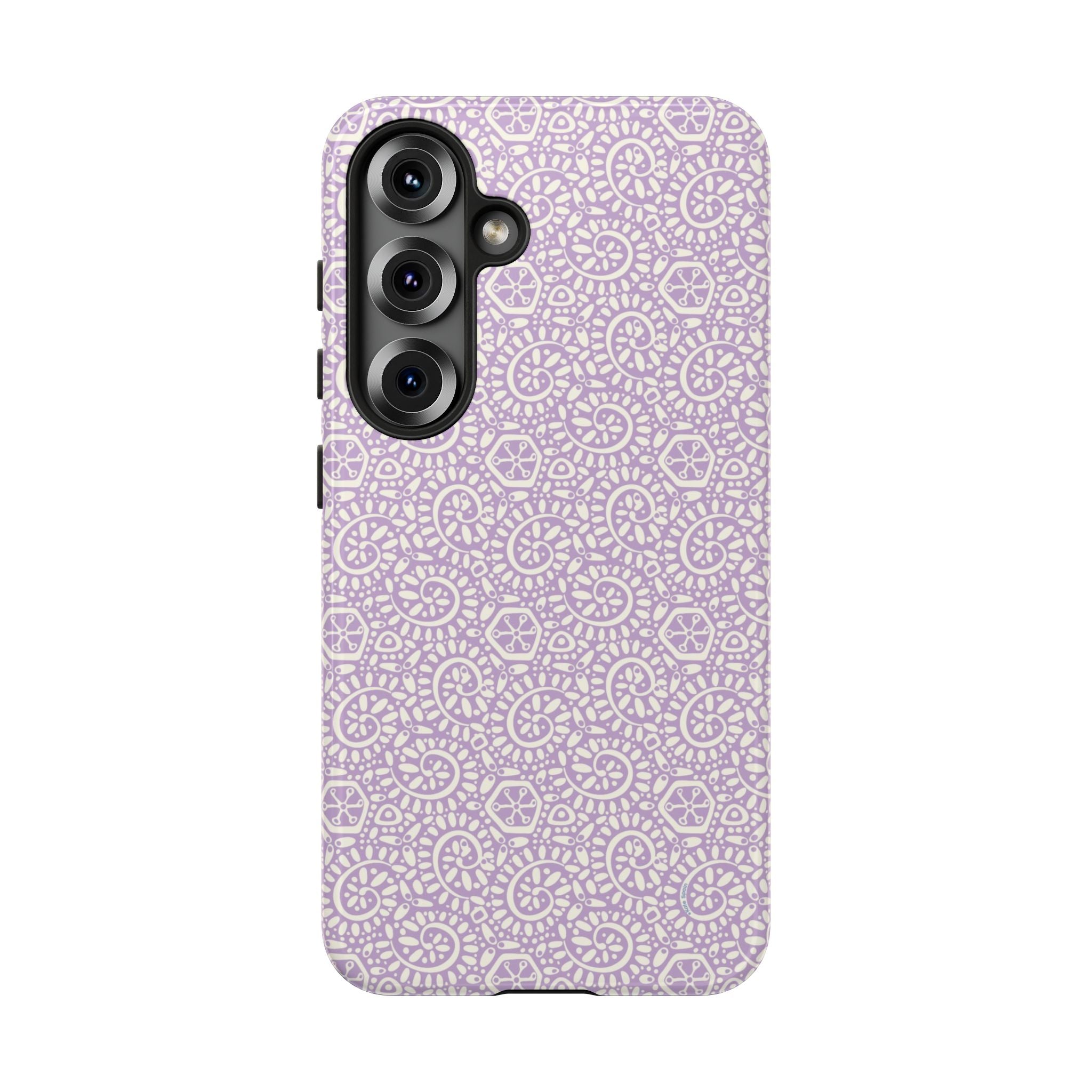 Canto Swirls Lavender Samsung Galaxy S25 Glossy Case — lavender hard case covered in an intricate folk-art medallion pattern of radiating circular motifs, dot clusters, and geometric centers