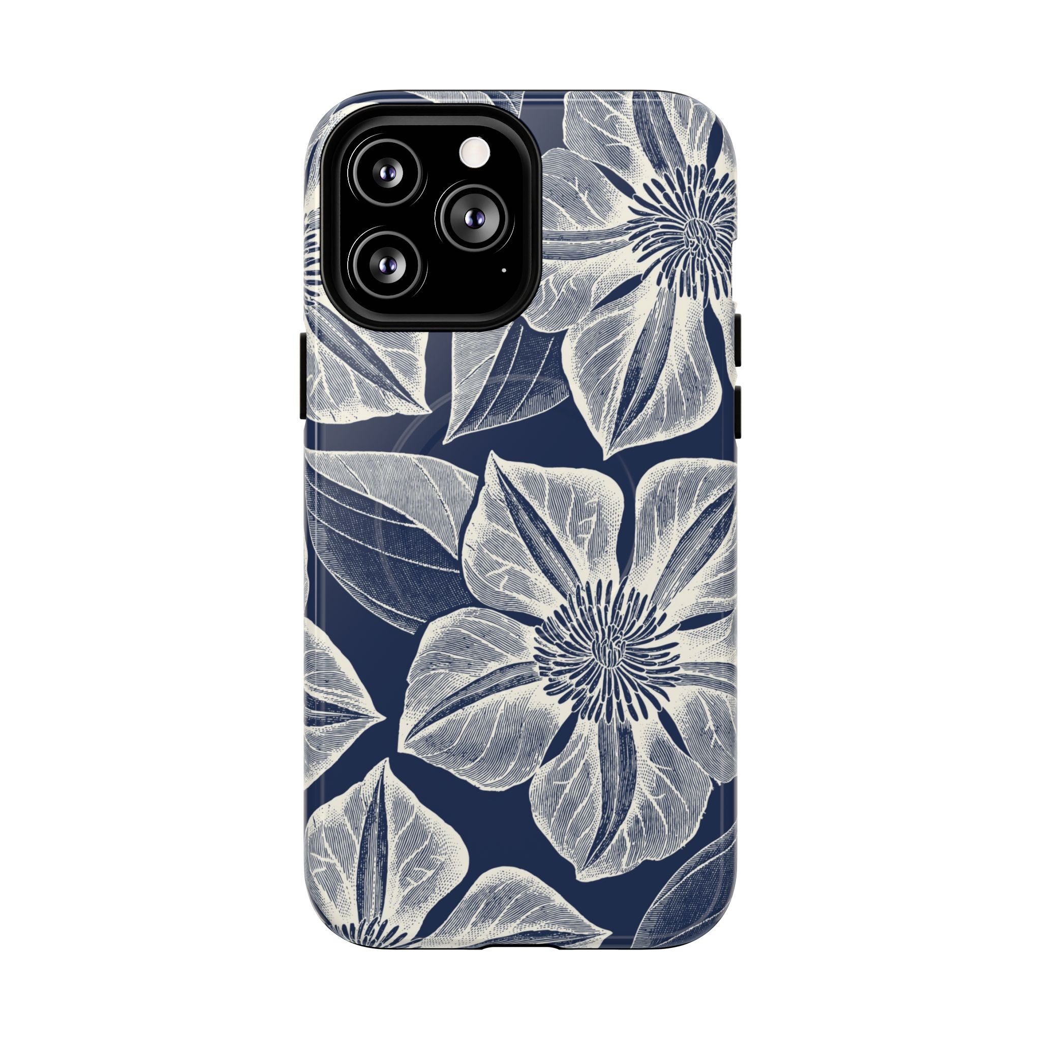 Vintage Bloom Navy MagSafe iPhone 13 Pro Max Case – Glossy | navy ground, large-scale white clematis print, engraved petal detail, dual-layer protection