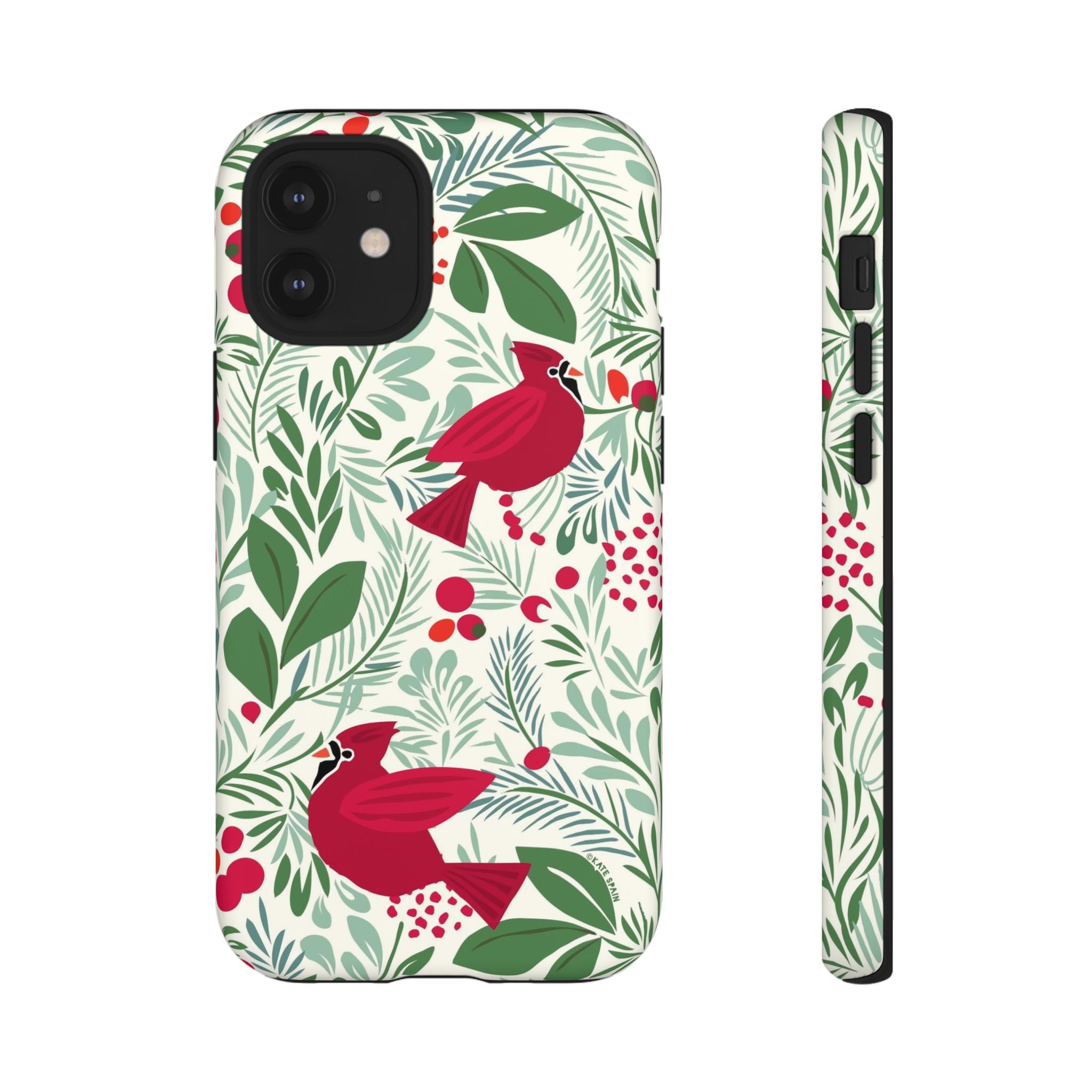 Birds and Berries Tough iPhone 12 Mini Case – Matte | cream, red, green botanical cardinal berry print