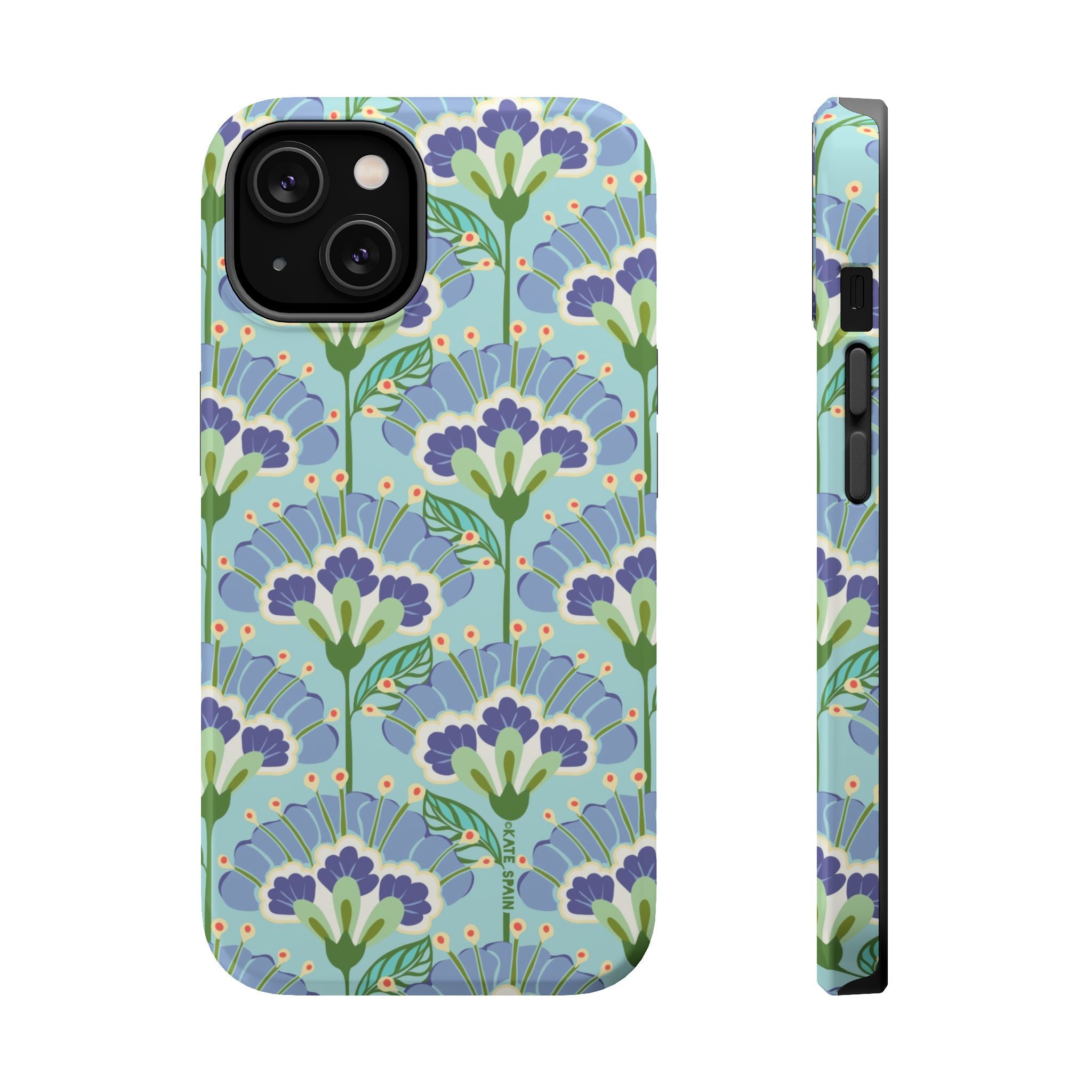 Lantern Flower MagSafe iPhone 14 Case – Matte | aqua, periwinkle, green botanical lantern floral print MagSafe compatible, dual-layer protection
