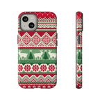 Telemark Tough iPhone 14 Case – Glossy | red, green, cream fair isle reindeer Nordic print