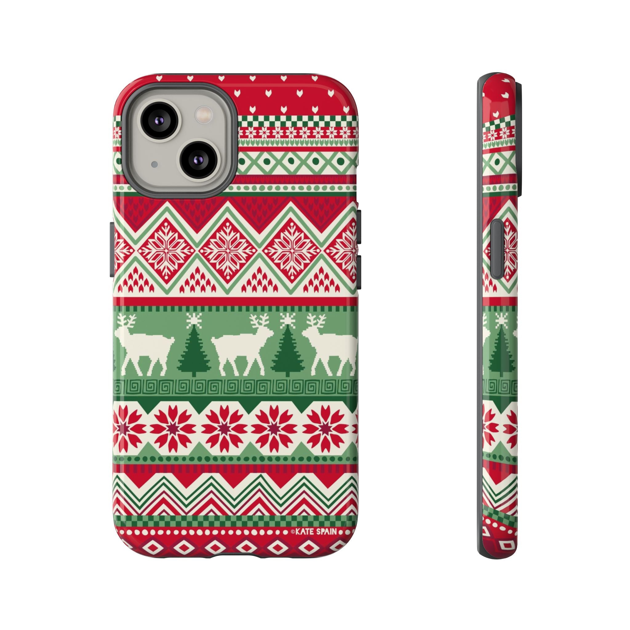 Telemark Tough iPhone 14 Case – Glossy | red, green, cream fair isle reindeer Nordic print