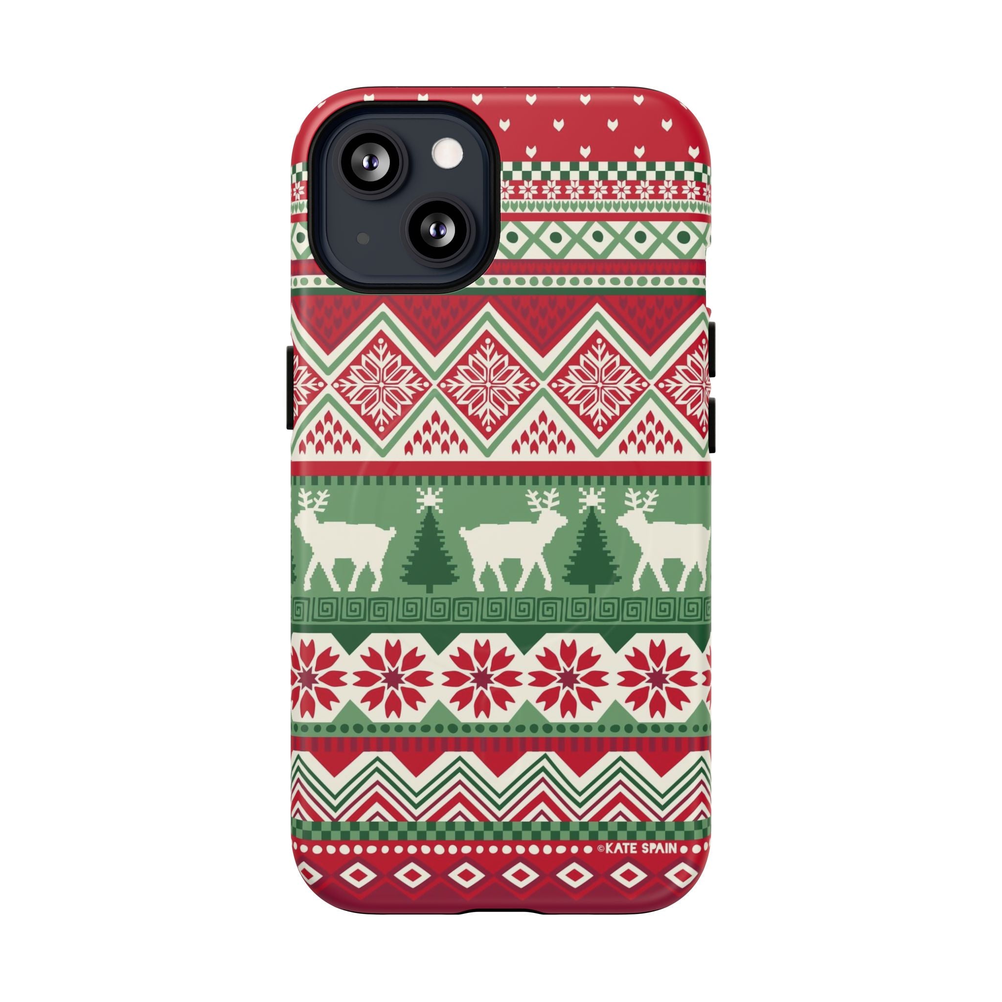 Telemark MagSafe iPhone 13 Case – Matte | red, green, and cream fair isle Christmas sweater print with snowflakes, reindeer, and trees