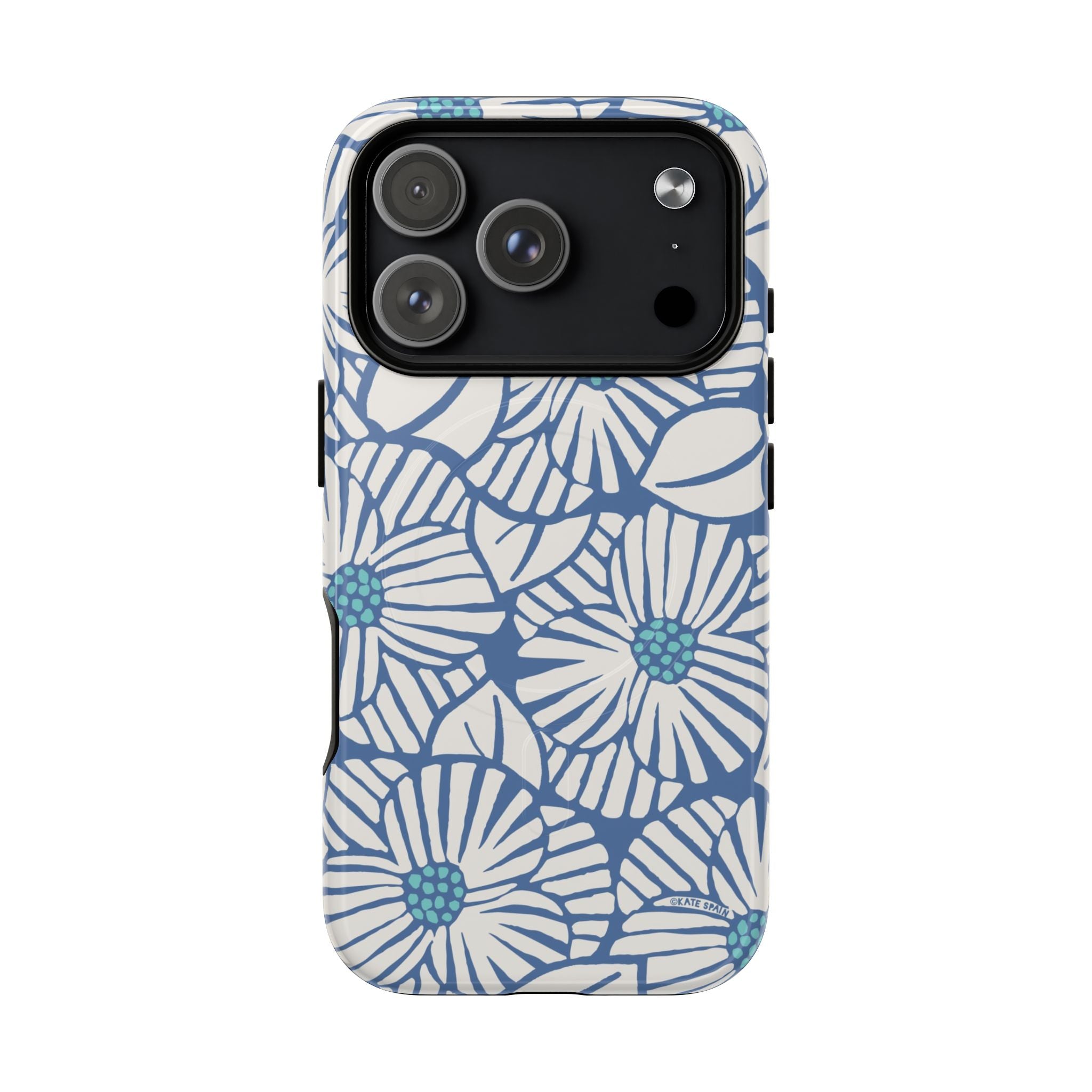 Calendula MagSafe iPhone 17 Pro Case – Glossy | periwinkle, cream, teal graphic daisy floral print