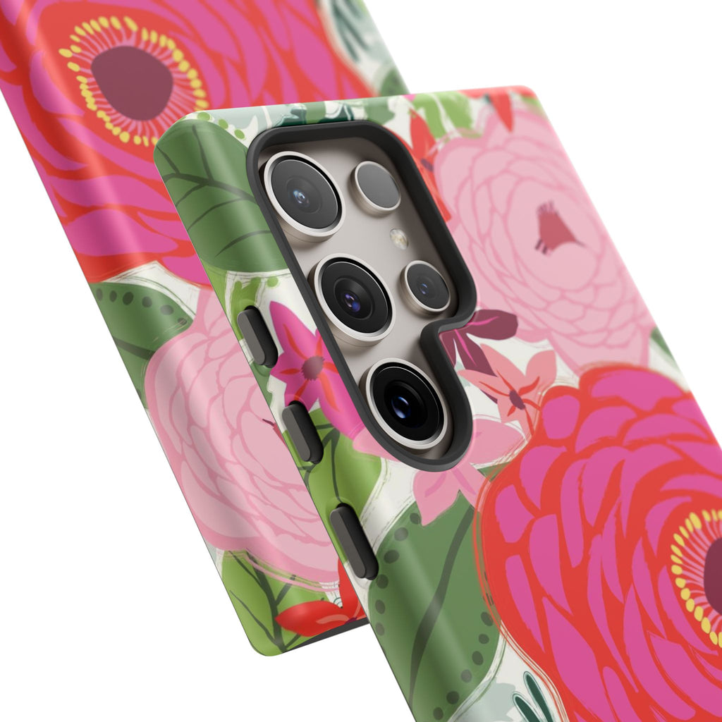 Bloomerie Samsung Tough Phone Case Samsung Galaxy S24 Ultra Case – Glossy | Detail of 5 camera lenses and case in cream, magenta, coral botanical peony floral print