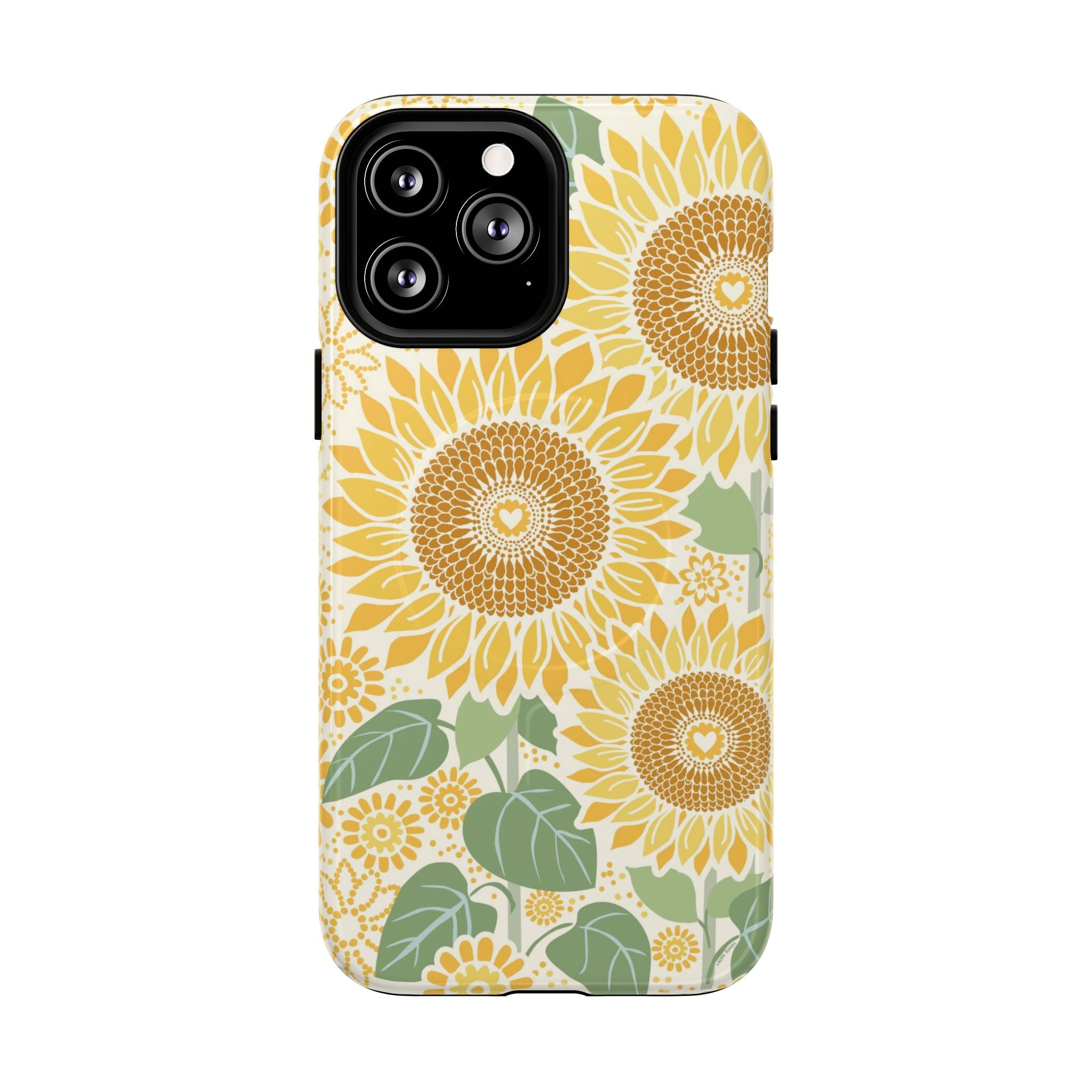 Sunny Sunflower MagSafe iPhone 13 Pro Max – Glossy | cream ground, large-scale yellow sunflower print, golden seed detail with heart centers, dual-layer protection