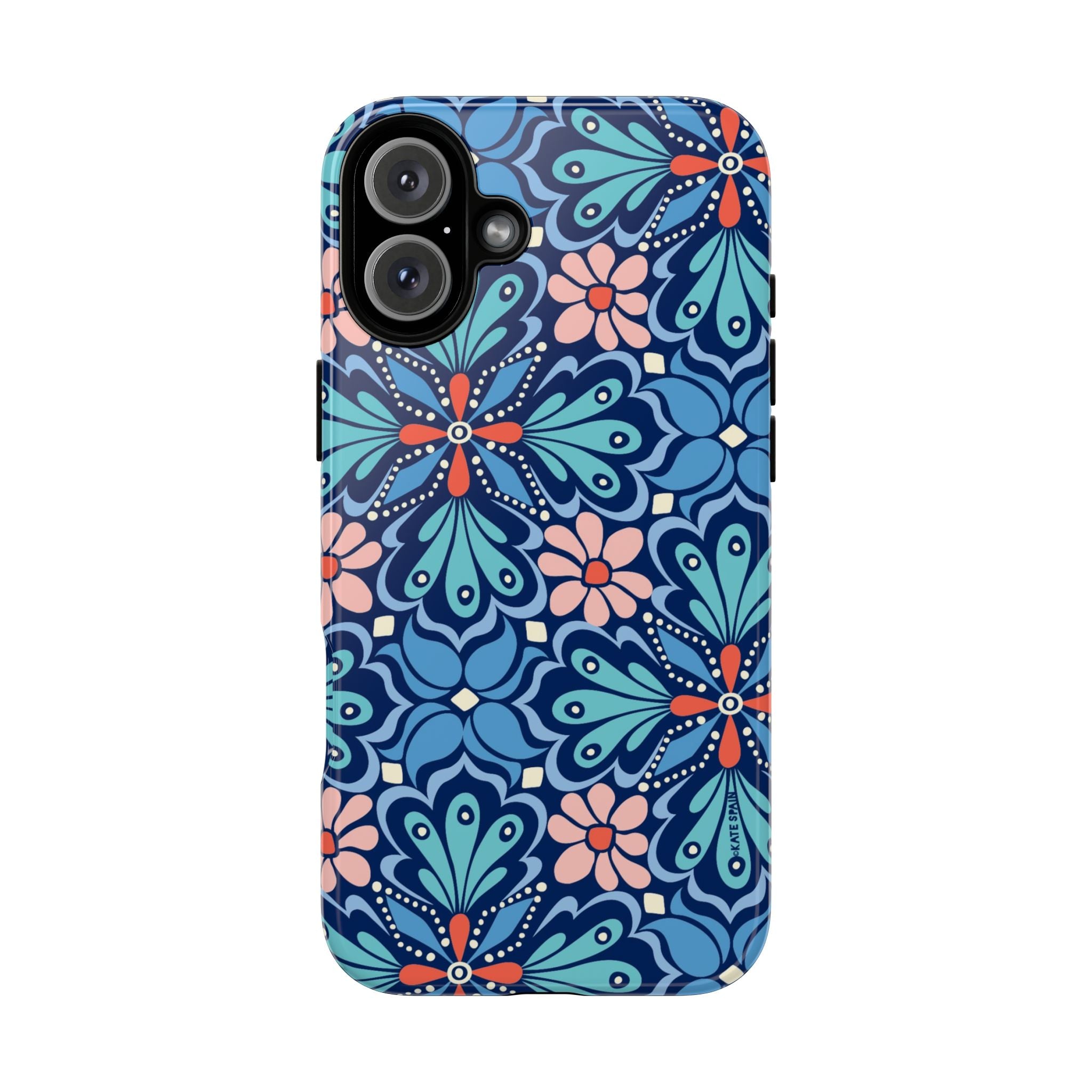 Bolero Tough iPhone 16 Plus Case – Glossy | navy, cobalt, blush geometric medallion floral print