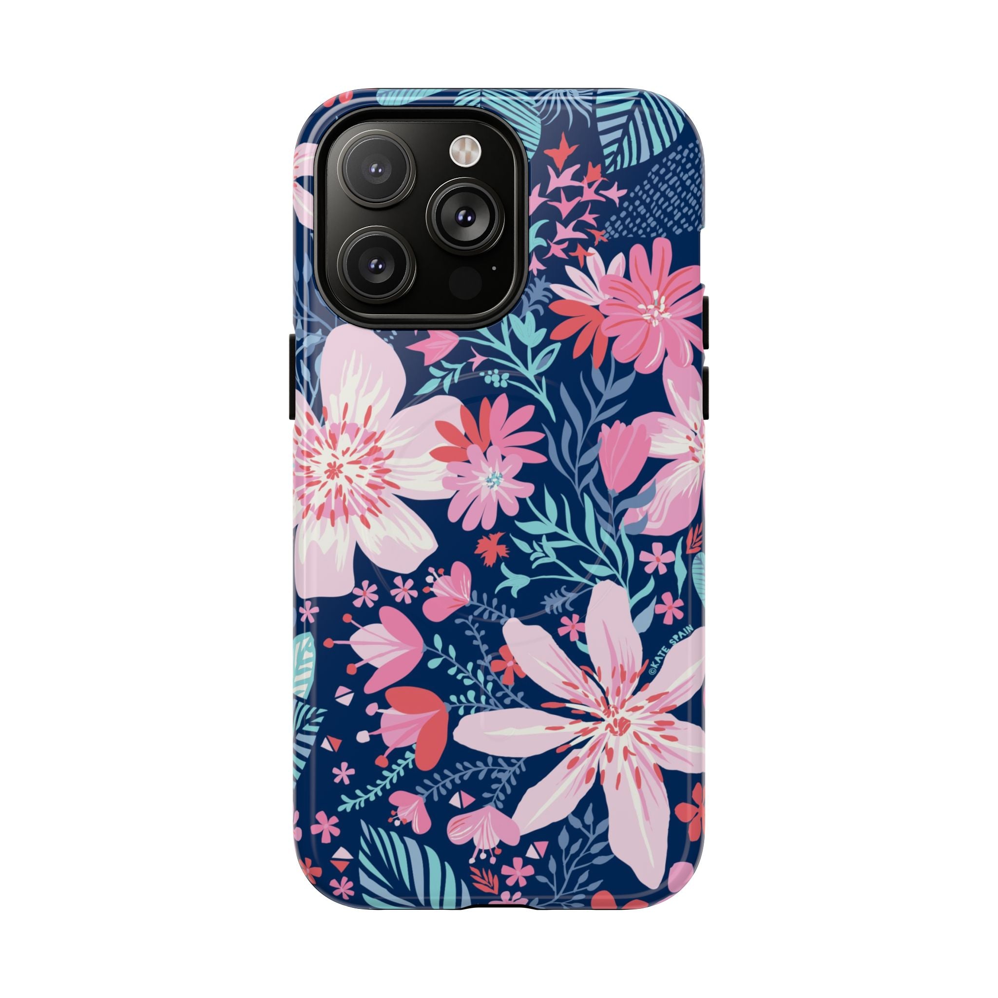 Bonaire MagSafe iPhone 14 Pro Max Case – Glossy | navy, pink, white tropical floral botanical print