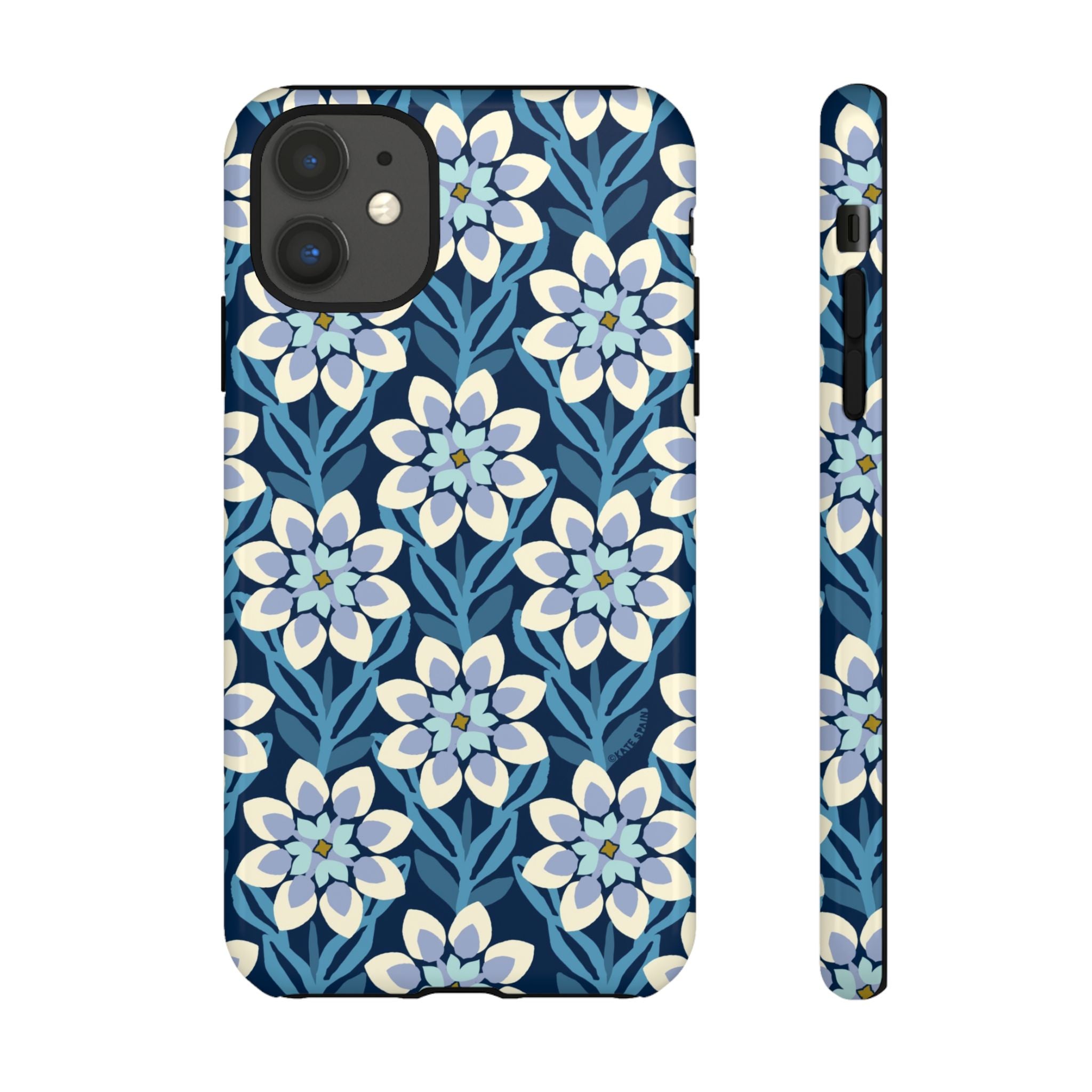 Designer Modern Dahlia Tough iPhone 11 Case – Glossy | navy, cobalt, white dahlia floral print