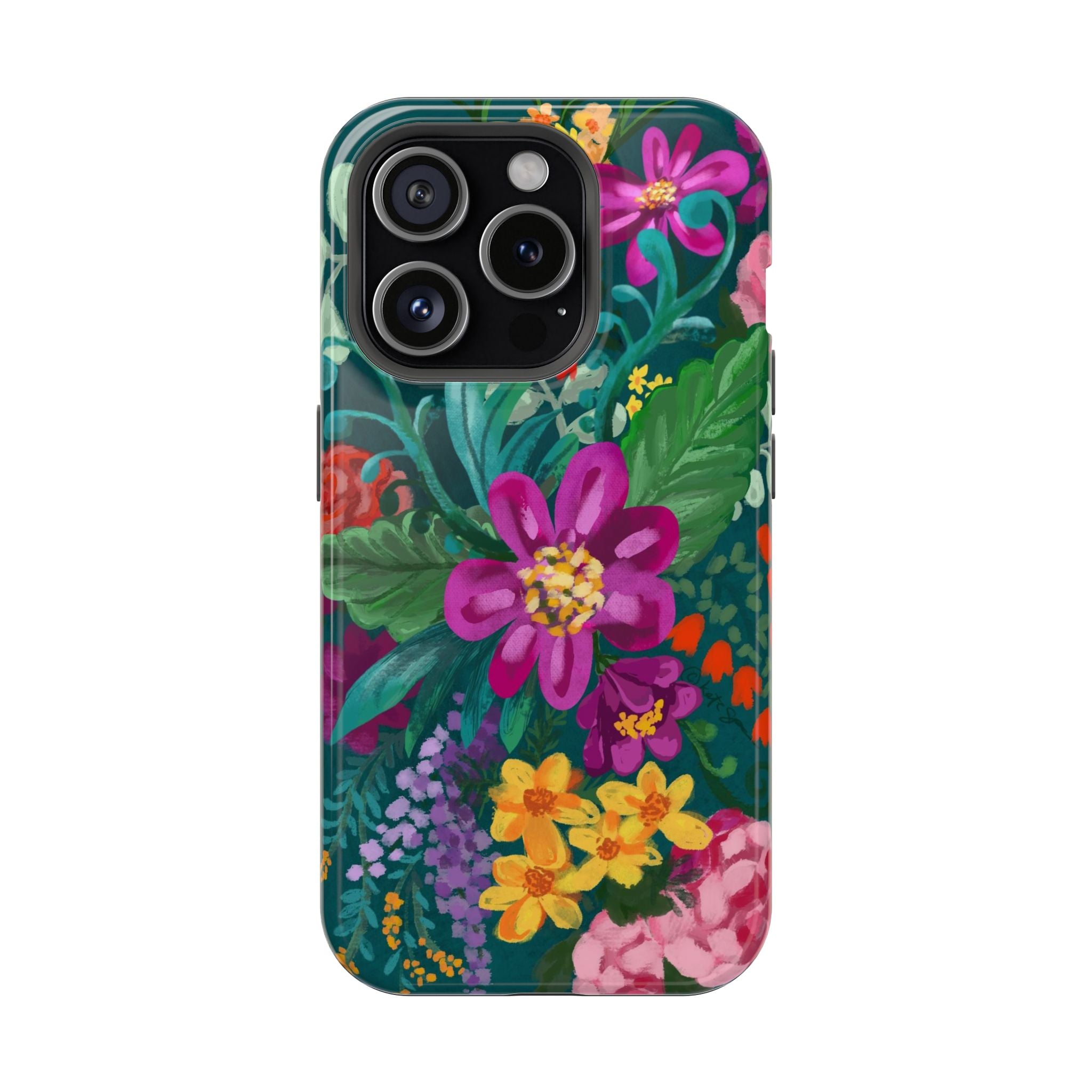 Posy MagSafe iPhone 15 Pro Case – Glossy | teal, magenta, yellow, pink vibrant botanical floral print