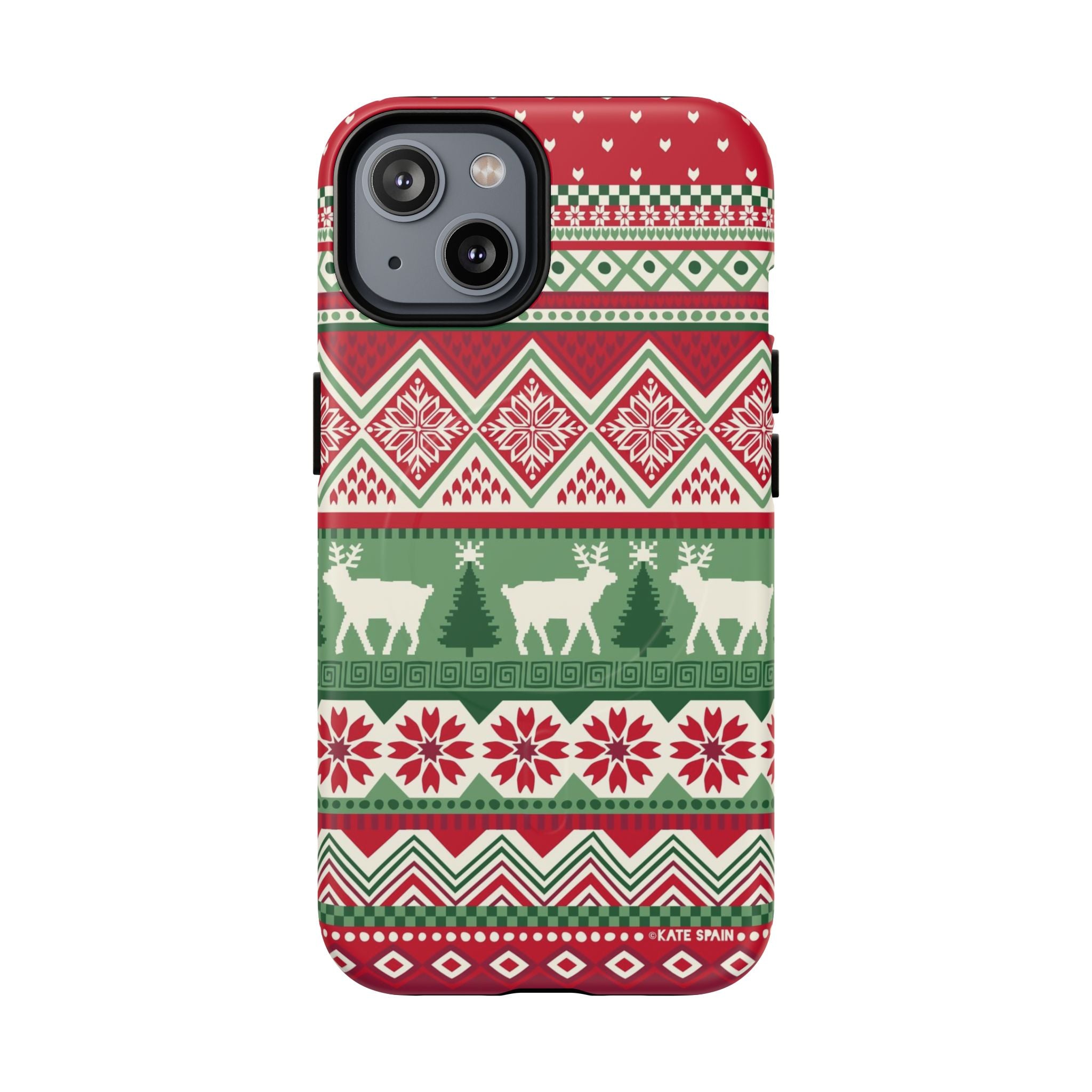 Telemark MagSafe iPhone 14 Case – Matte | red, green, and cream fair isle Christmas sweater print with snowflakes, reindeer, and trees