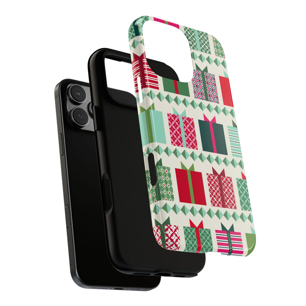 All Wrapped Up Tough iPhone 16 Pro Max Case – dual-layer construction detail | cream, red, pink, green, mint geometric gift wrap holiday print