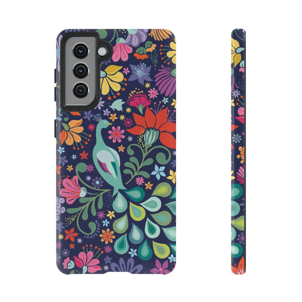 Luxury Peacock Sanctuary Samsung Galaxy S21 Case – Glossy | navy, teal, coral multicolor vibrant peacock feather botanical print