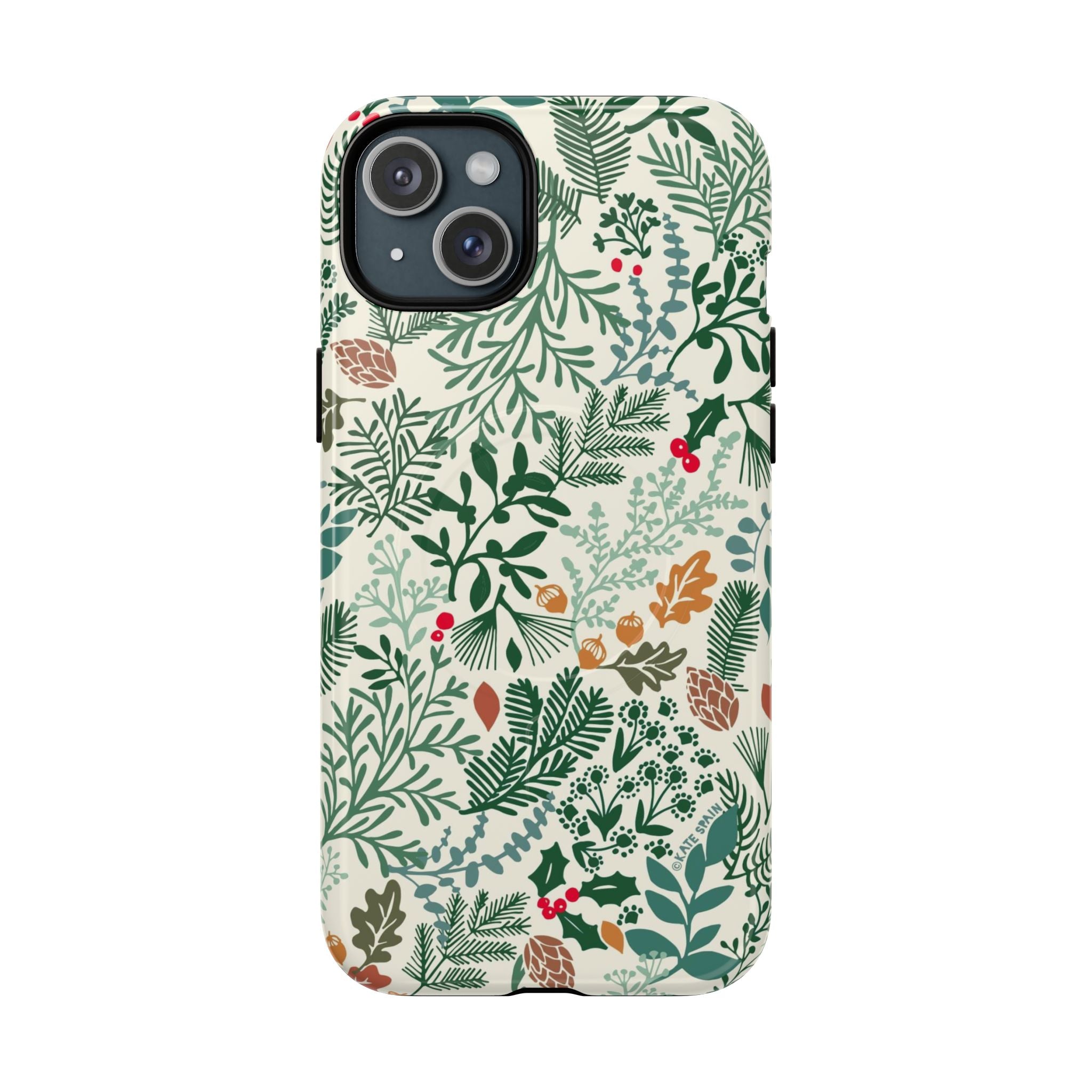 Juniper MagSafe iPhone 15 Plus Case – Glossy | cream, forest green, sage, and rust winter botanical print with pine, holly, acorns, and pinecones