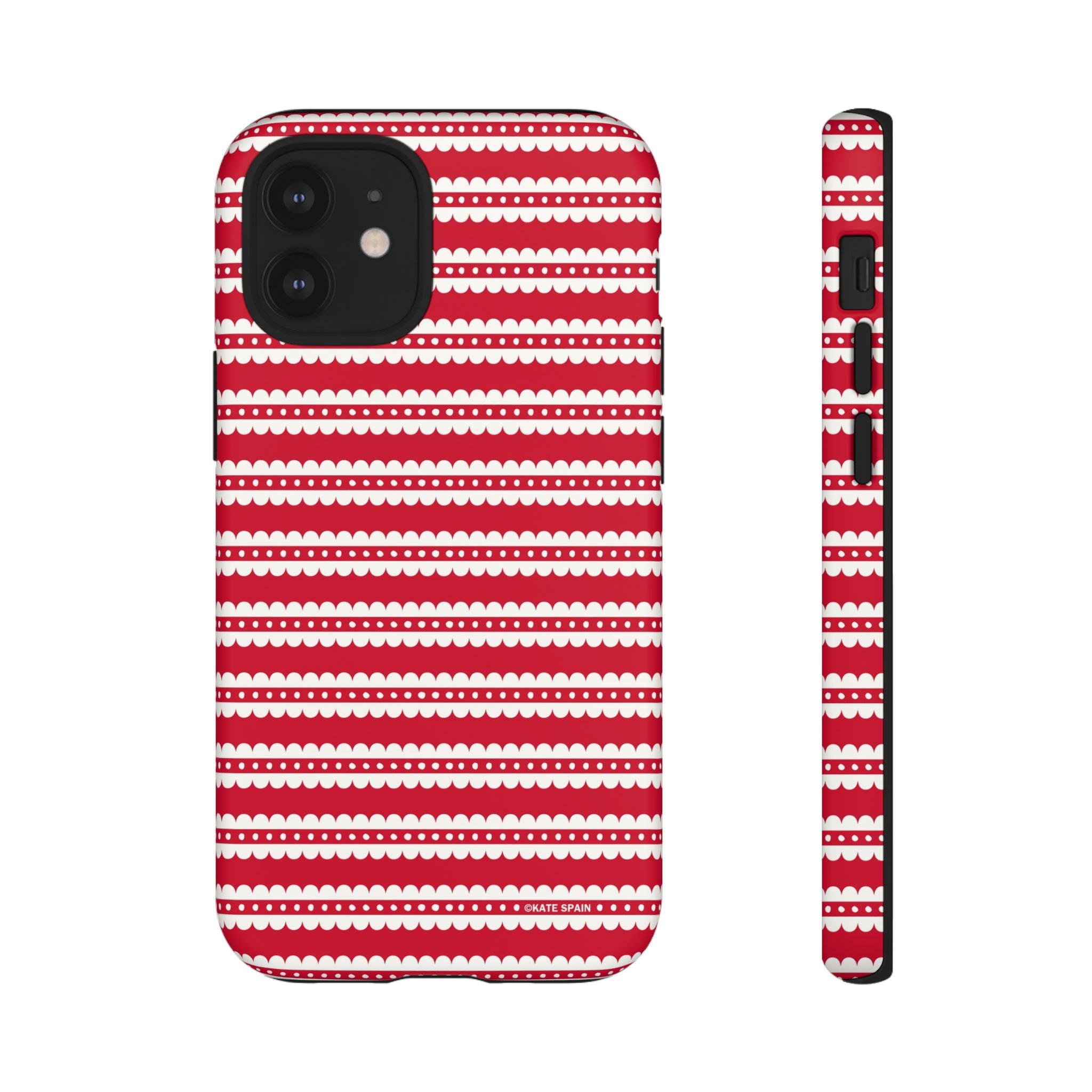 Candy Cane Stripe Tough iPhone 12 Mini Case – Matte | red, cream scalloped candy cane stripe print