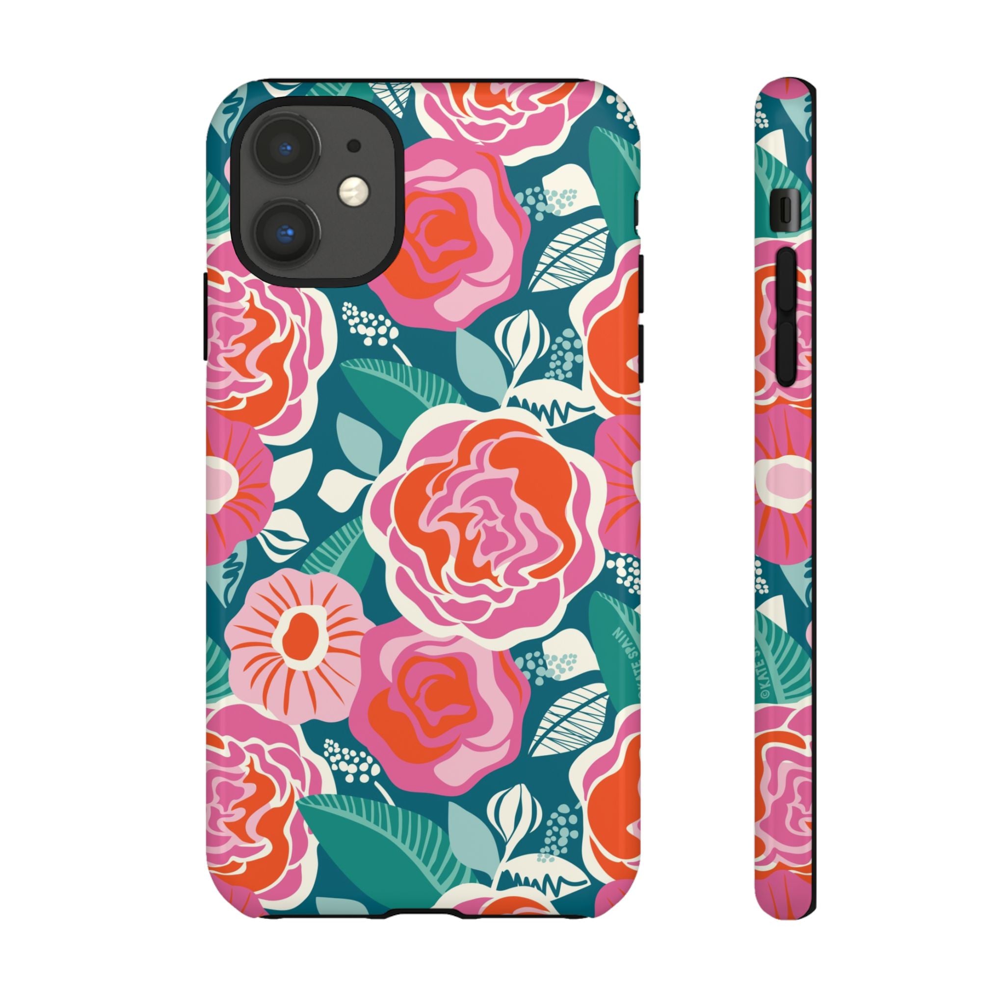 Tea Rose Teal Tough iPhone 11 Case – Glossy | teal, coral, pink botanical rose floral print