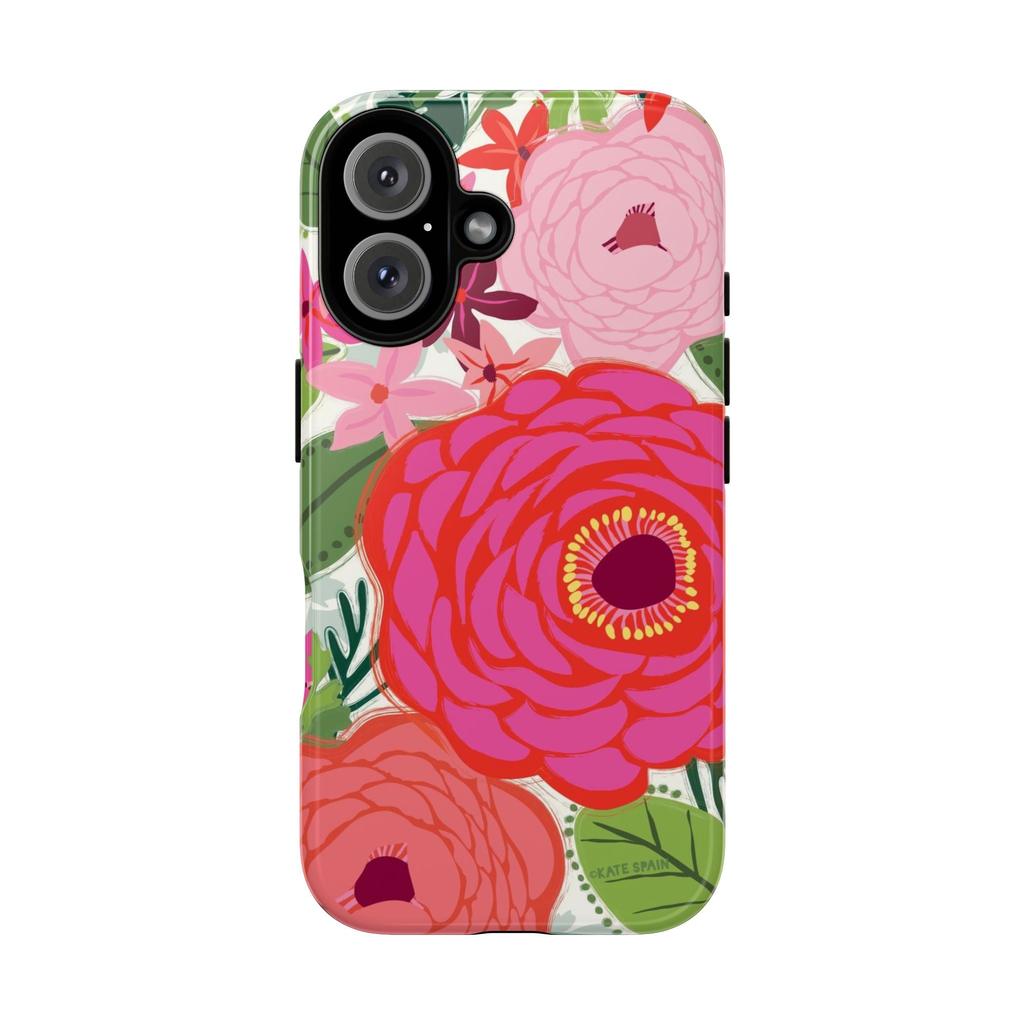 Bloomerie Tough iPhone 16 Case – Glossy | cream, magenta, coral botanical peony floral print