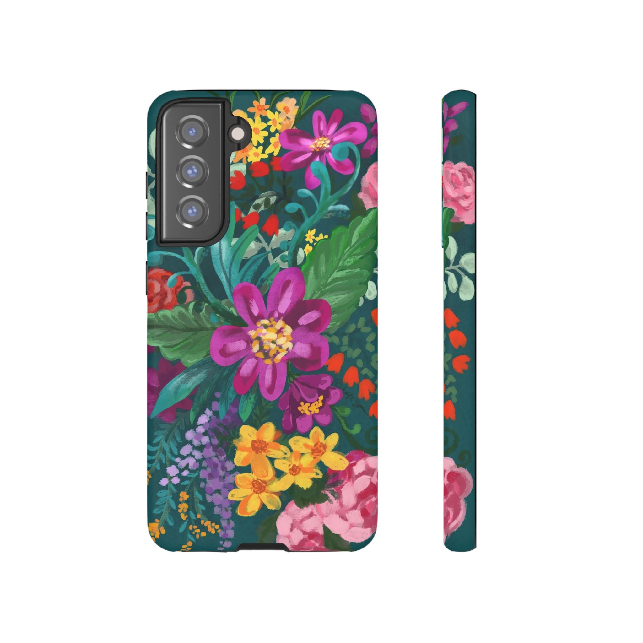 Tropical Posy Samsung Galaxy S21 FE Case – Matte | teal, magenta, yellow, pink vibrant botanical floral print