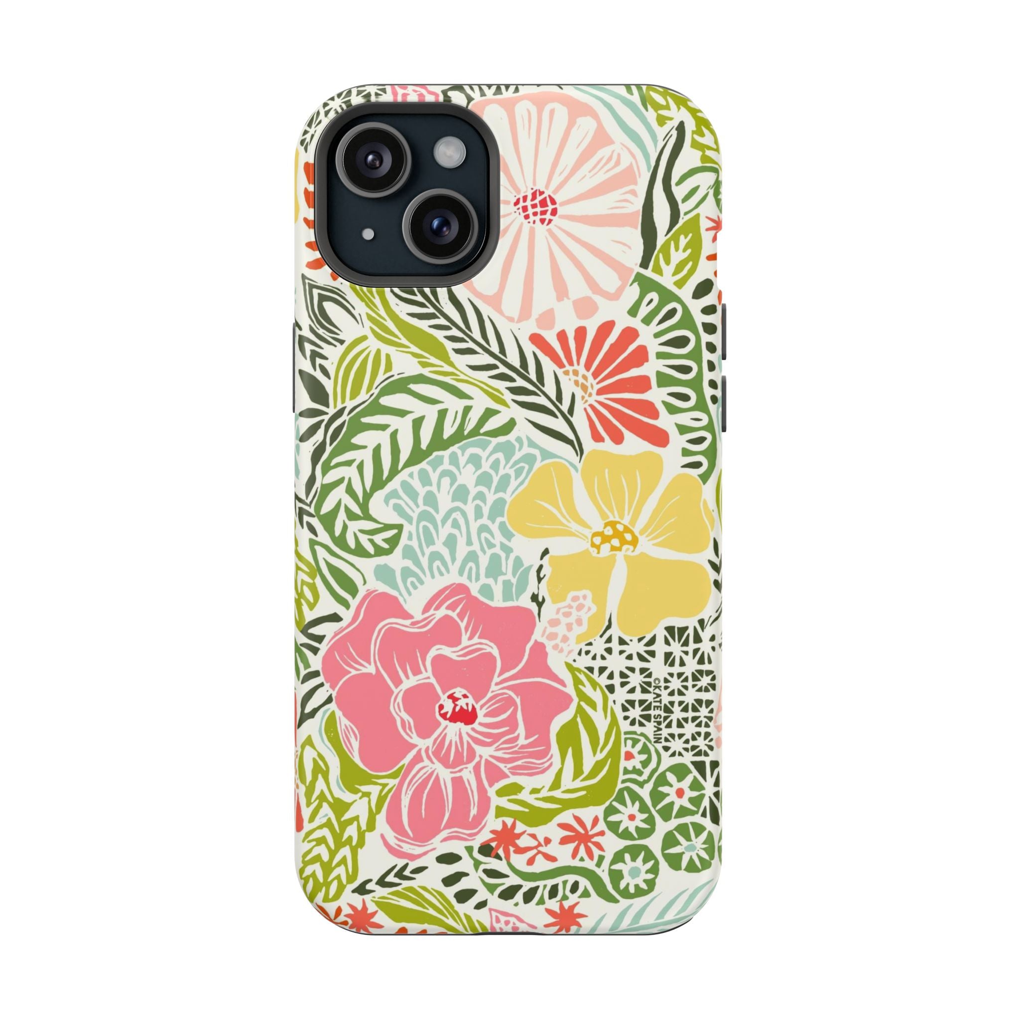 Tropica MagSafe iPhone 15 Plus Case – Matte | cream, pink, yellow, blue botanical floral print MagSafe compatible, dual-layer protection